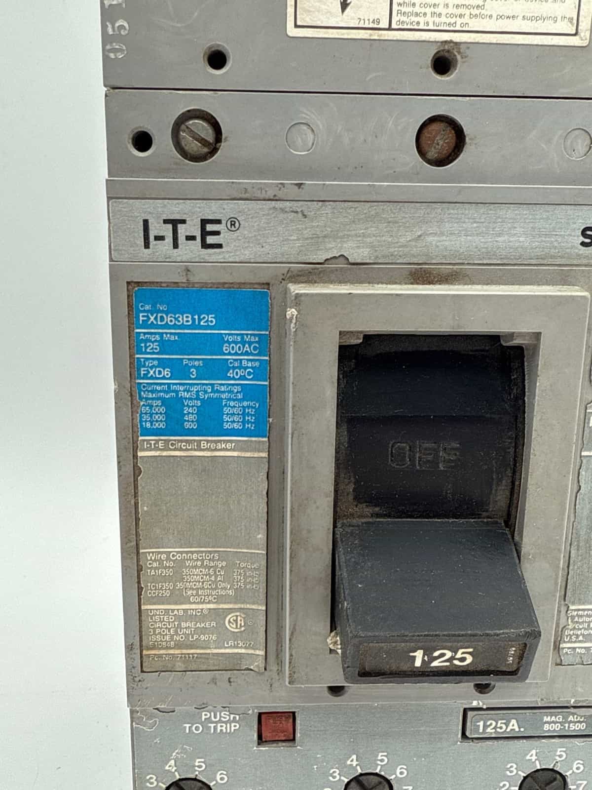 125 Amps, Siemens #FXD63B125, Circuit Breaker, 3-Pole, 600 Volts (2 available) - Image 2