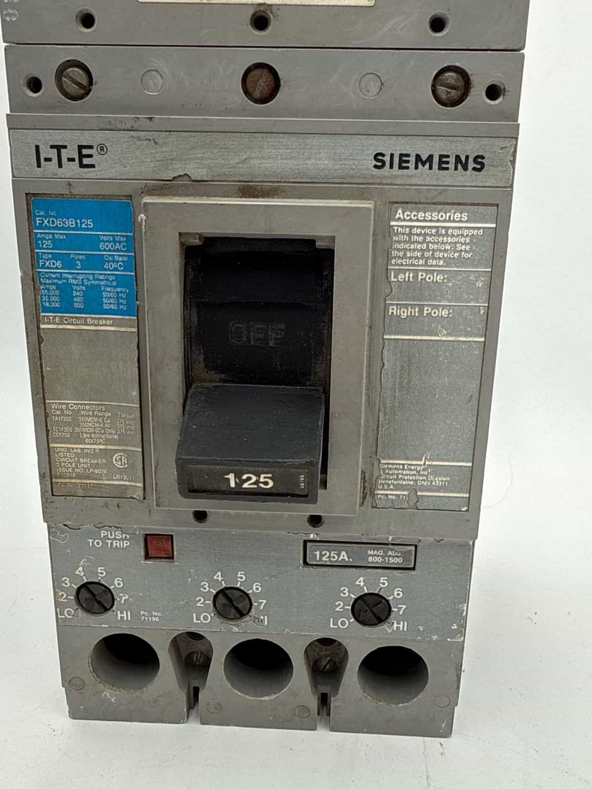 125 Amps, Siemens #FXD63B125, Circuit Breaker, 3-Pole, 600 Volts (2 available) - Image 3