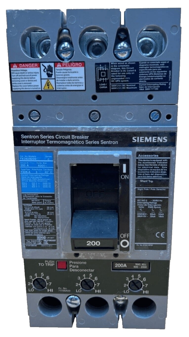 200 Amps, Siemens #FXD63B200, Circuit Breaker, 3-Pole, 600 Volts, Bolt-On, NEW - Image 1