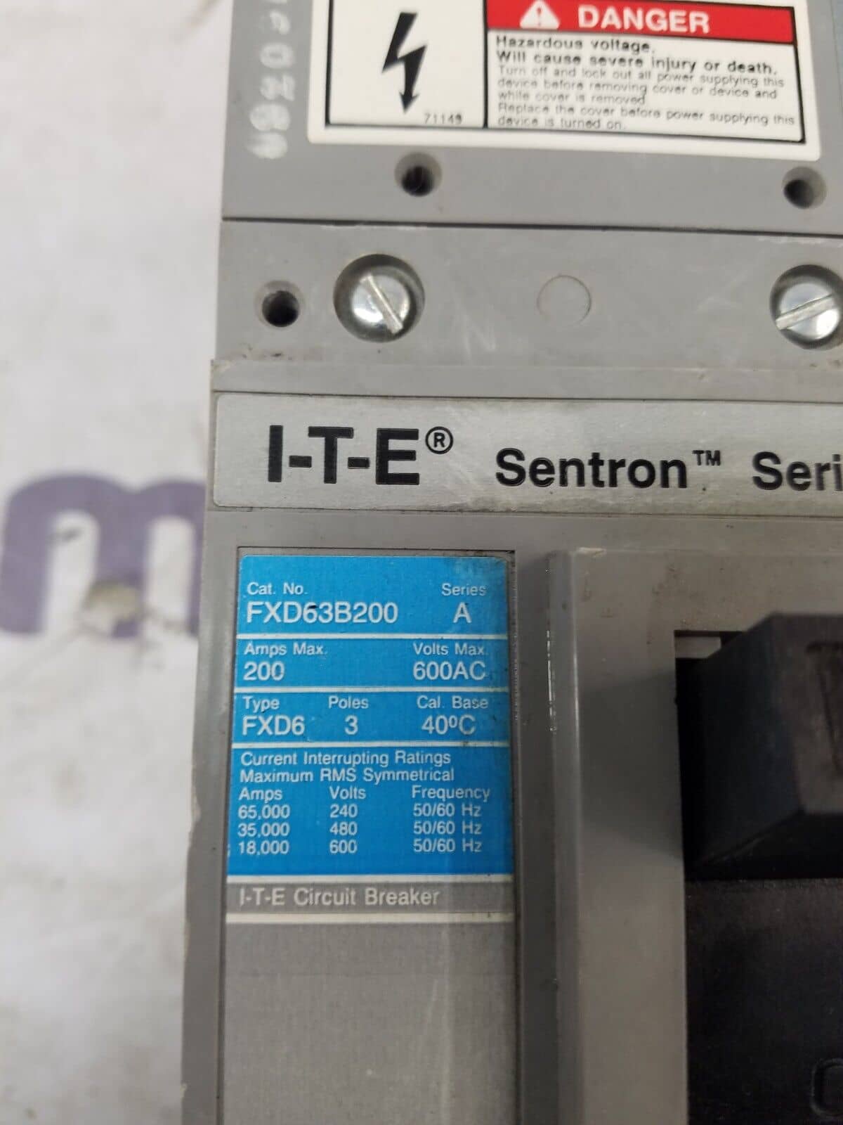 200 Amps, Siemens #FXD63B200, Circuit Breaker, 3-Pole, 600 Volts, Bolt-On - Image 2