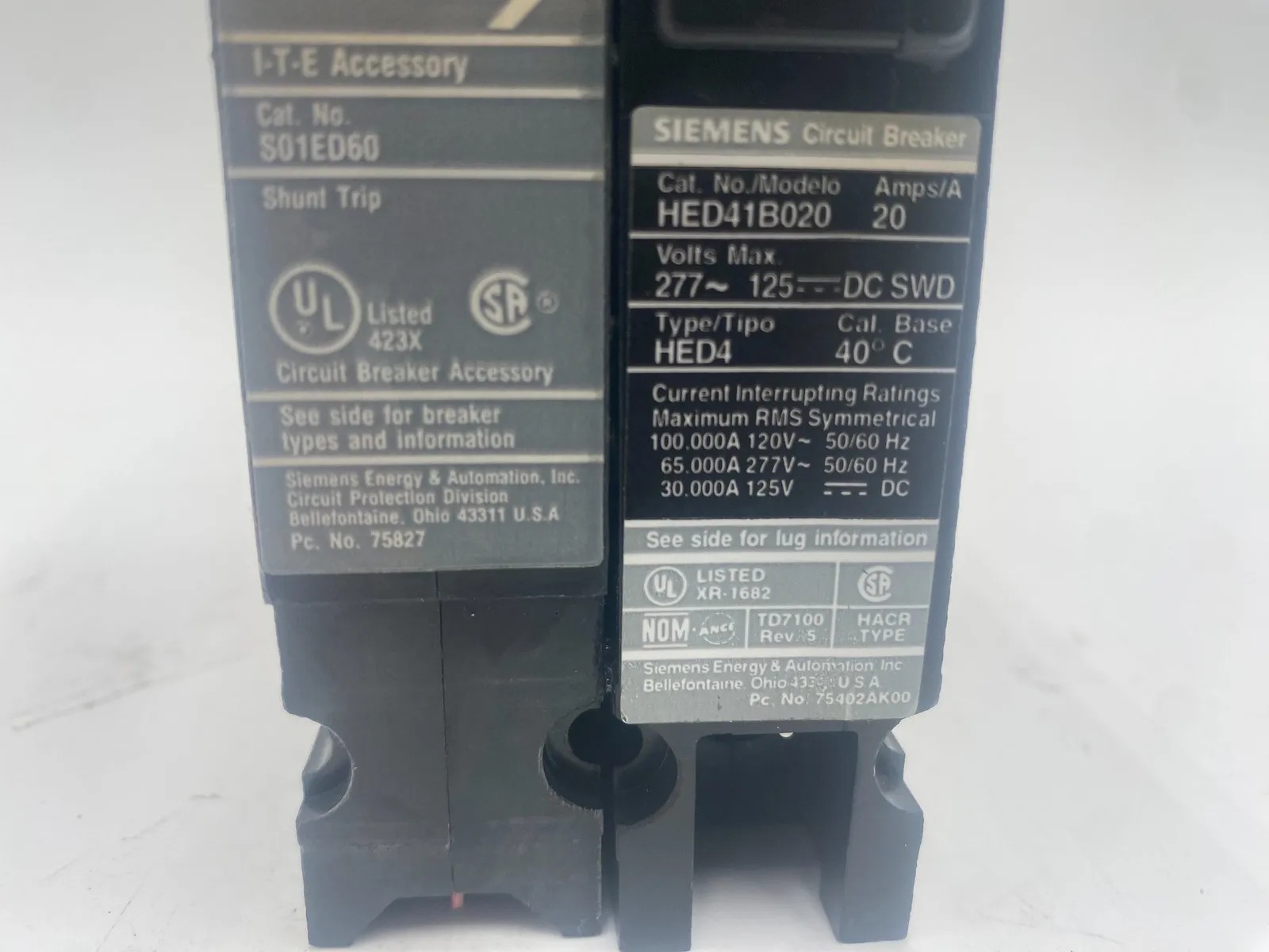 20 Amps, Siemens #HED41B020, Circuit Breaker, 3-Pole, 277 Volts, Shunt Trip - Image 2