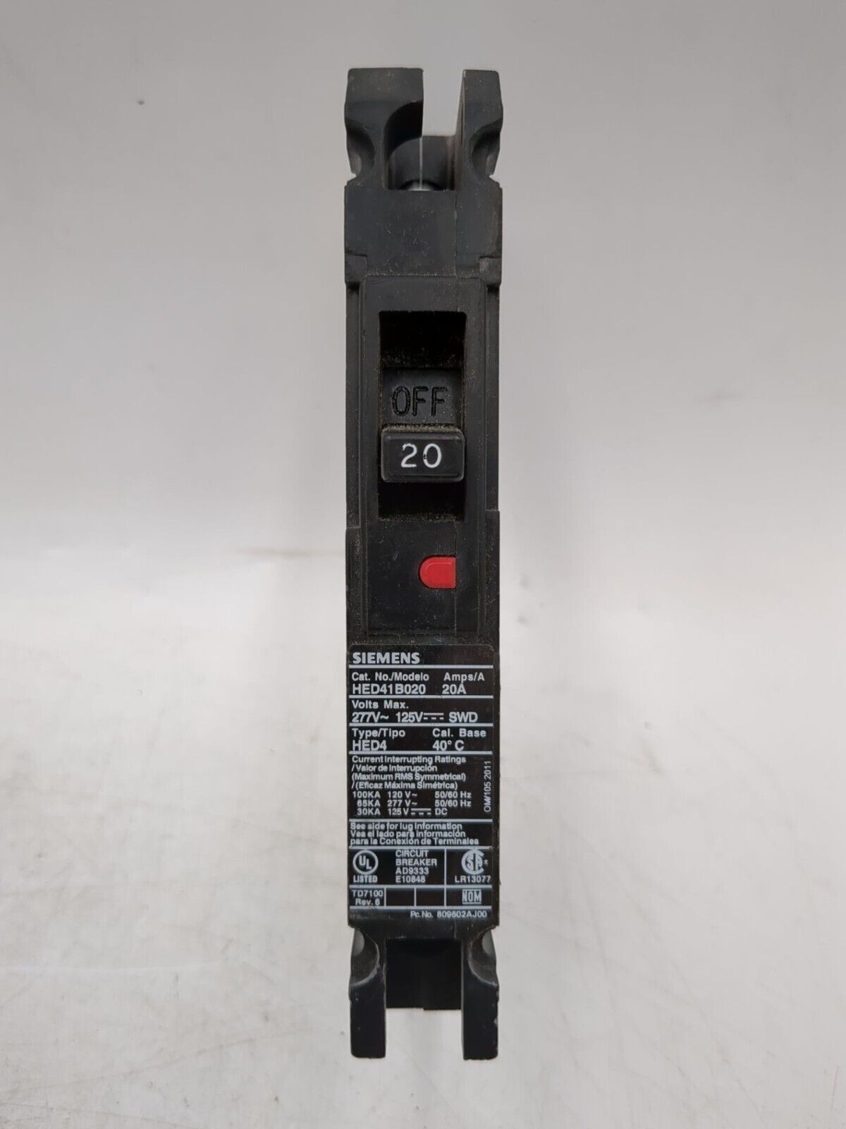 20 Amps, Siemens #HED41B020, Circuit Breaker, 1-Pole, 277 Volts, Bolt-On - Image 1