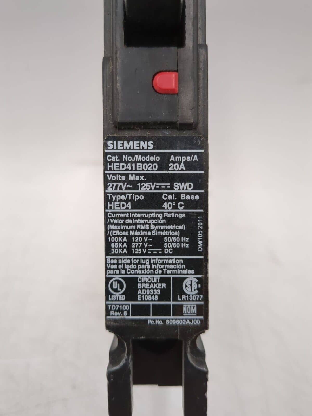 20 Amps, Siemens #HED41B020, Circuit Breaker, 1-Pole, 277 Volts, Bolt-On - Image 2