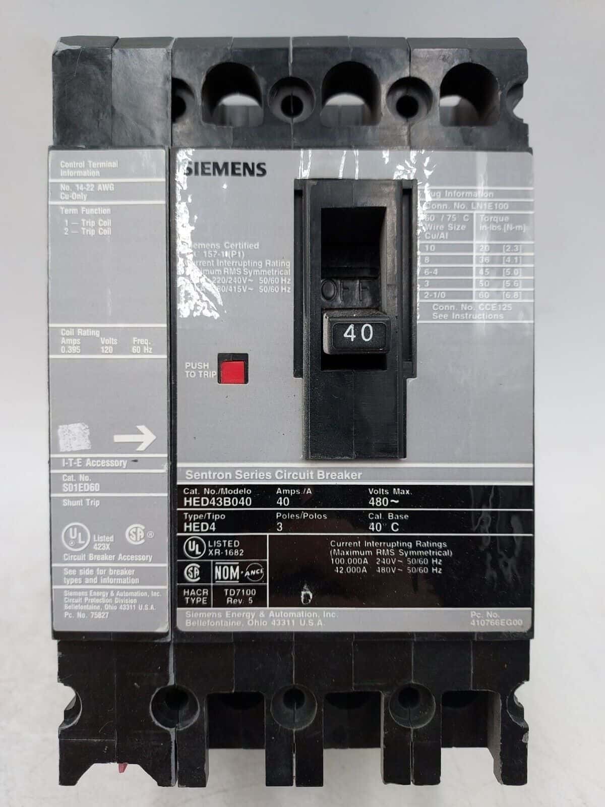 40 Amps, Siemens #HED43B040, Circuit Breaker, 3-Pole, 480 Volts, Shunt Trip (3 available) - Image 1