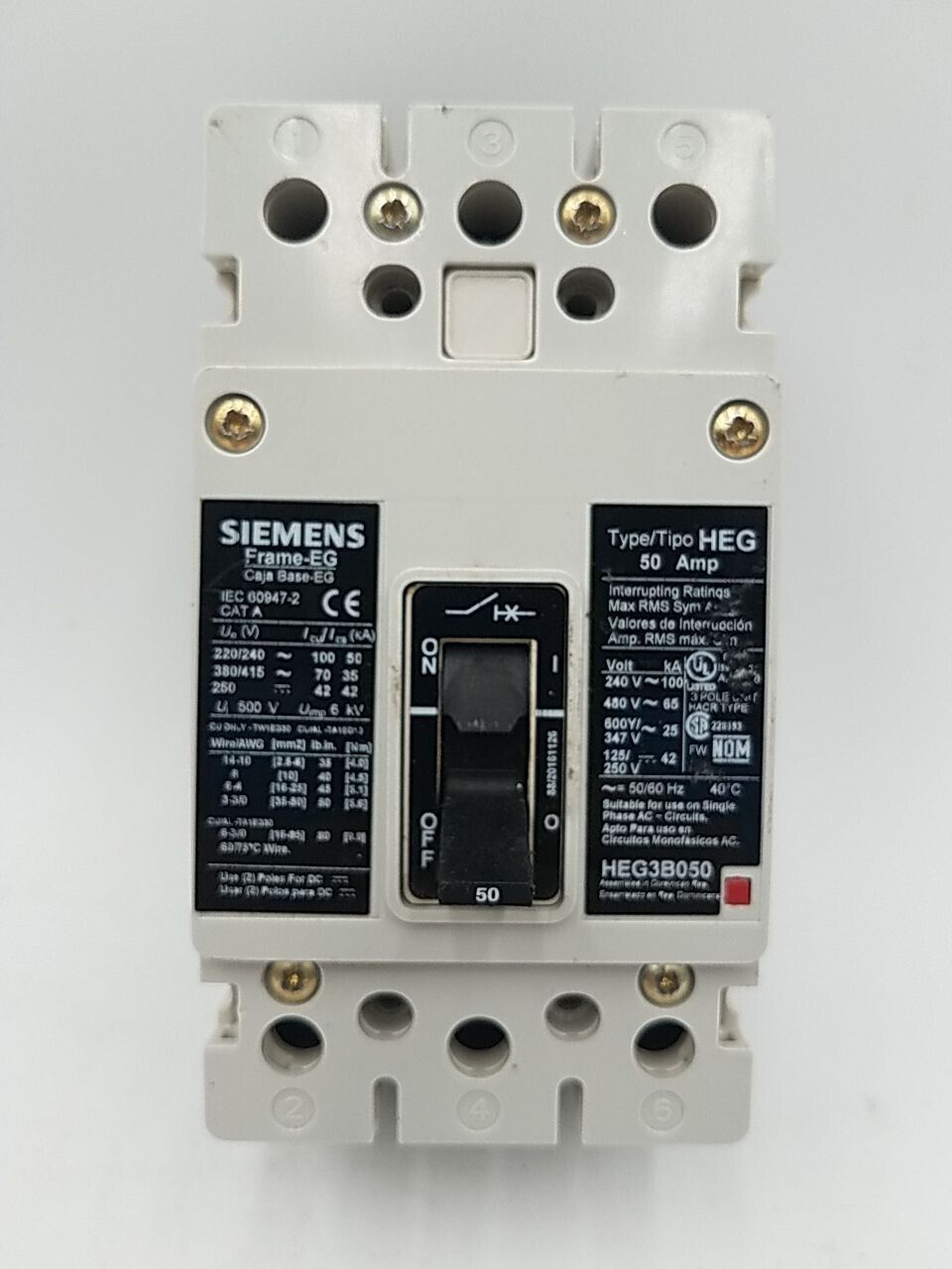 50 Amps, Siemens #HEG3B050, Circuit Breaker, 3-Pole, 500 Volts, Bolt-On - Image 1