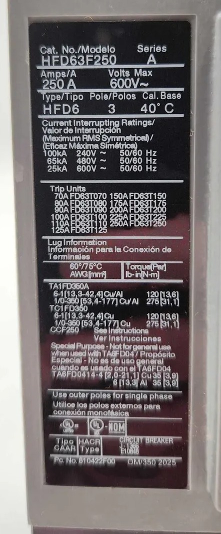 200 Amps, Siemens #HFD63B200, Circuit Breaker, 3-Pole, 600 Volts, NEW - Image 3