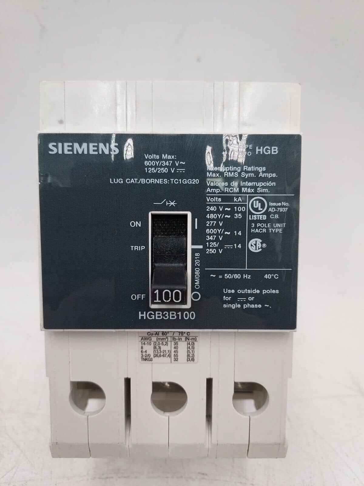 100 Amps, Siemens #HGB3B100, Circuit Breaker, 3-Pole, 600 Volts, Bolt-On - Image 1