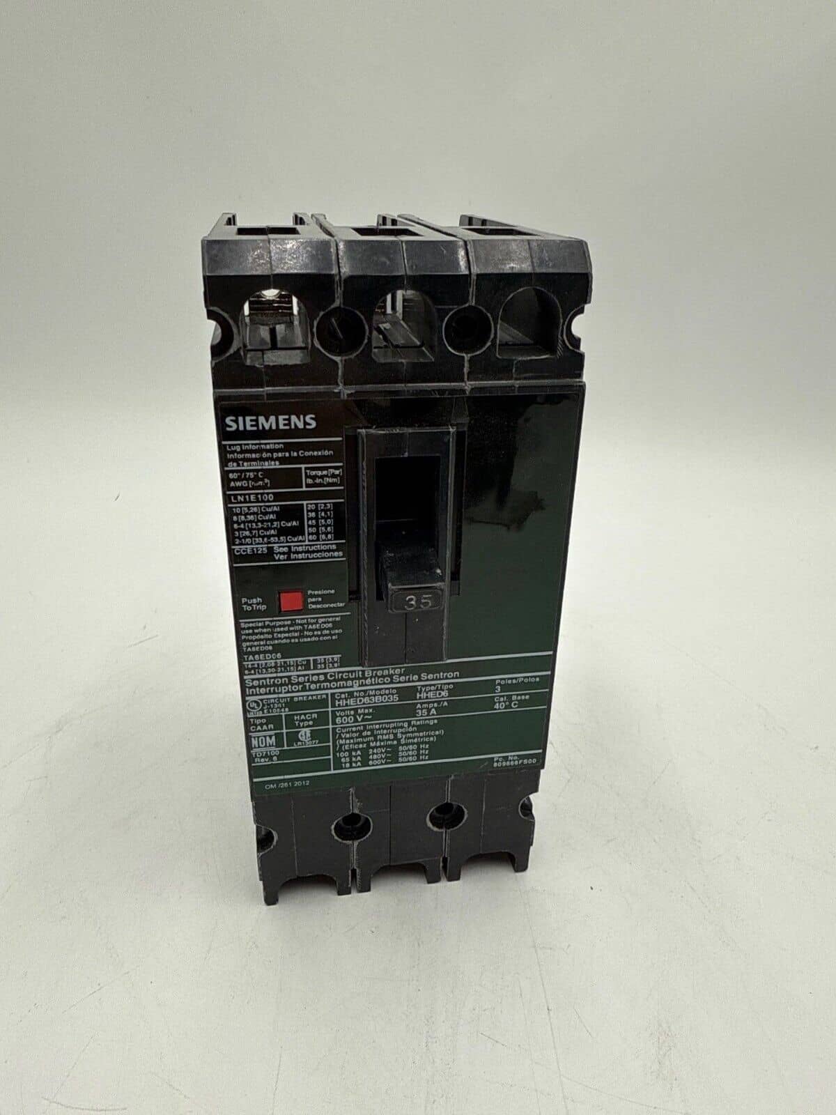 35 Amps, Siemens #HHED63B035, Circuit Breaker, 3-Pole, 600 Volts - Image 2