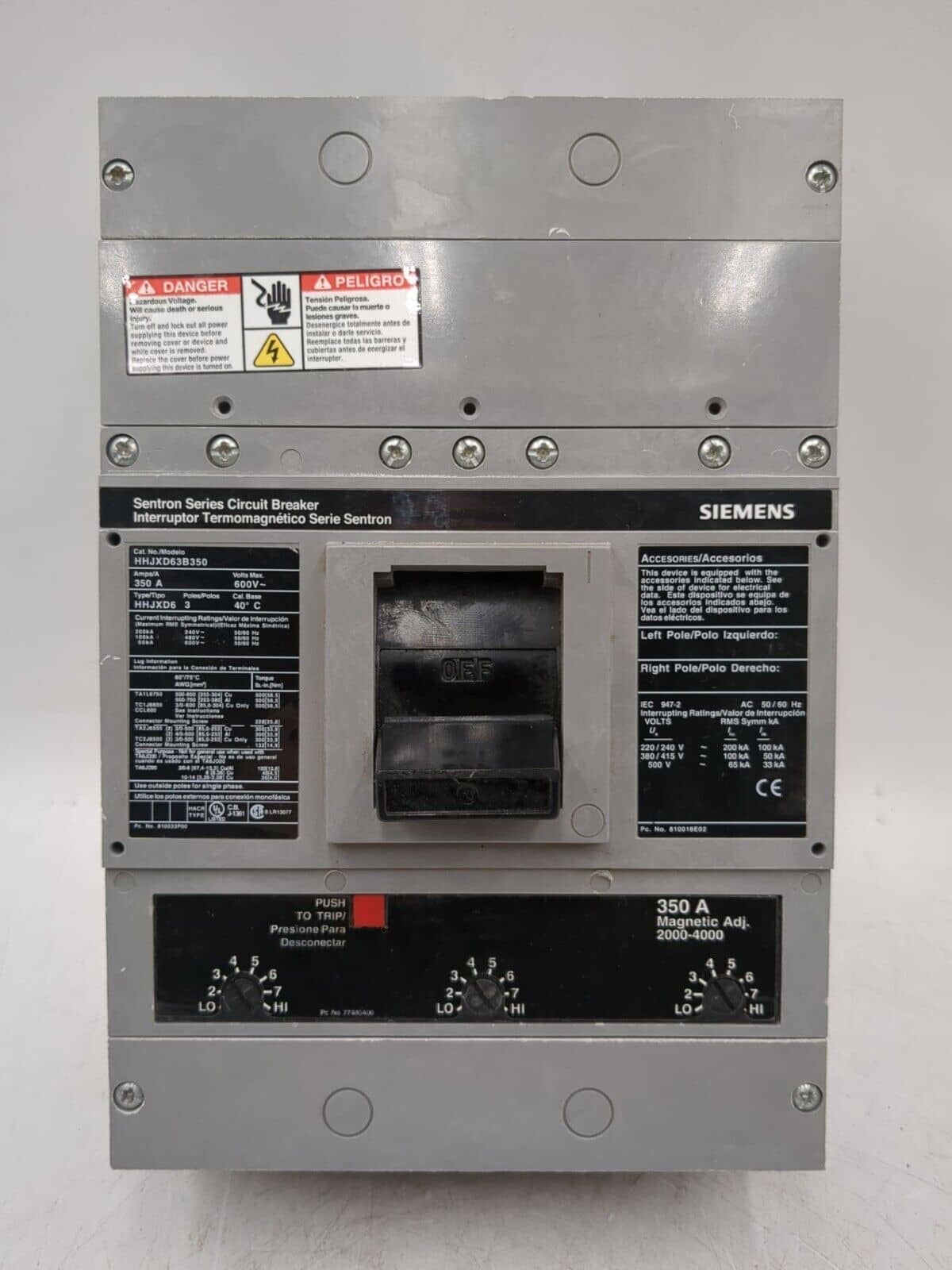 350 Amps, Siemens #HHJXD63B350, Circuit Breaker, 3-Pole, 600 Volts, Bolt-On - Image 1