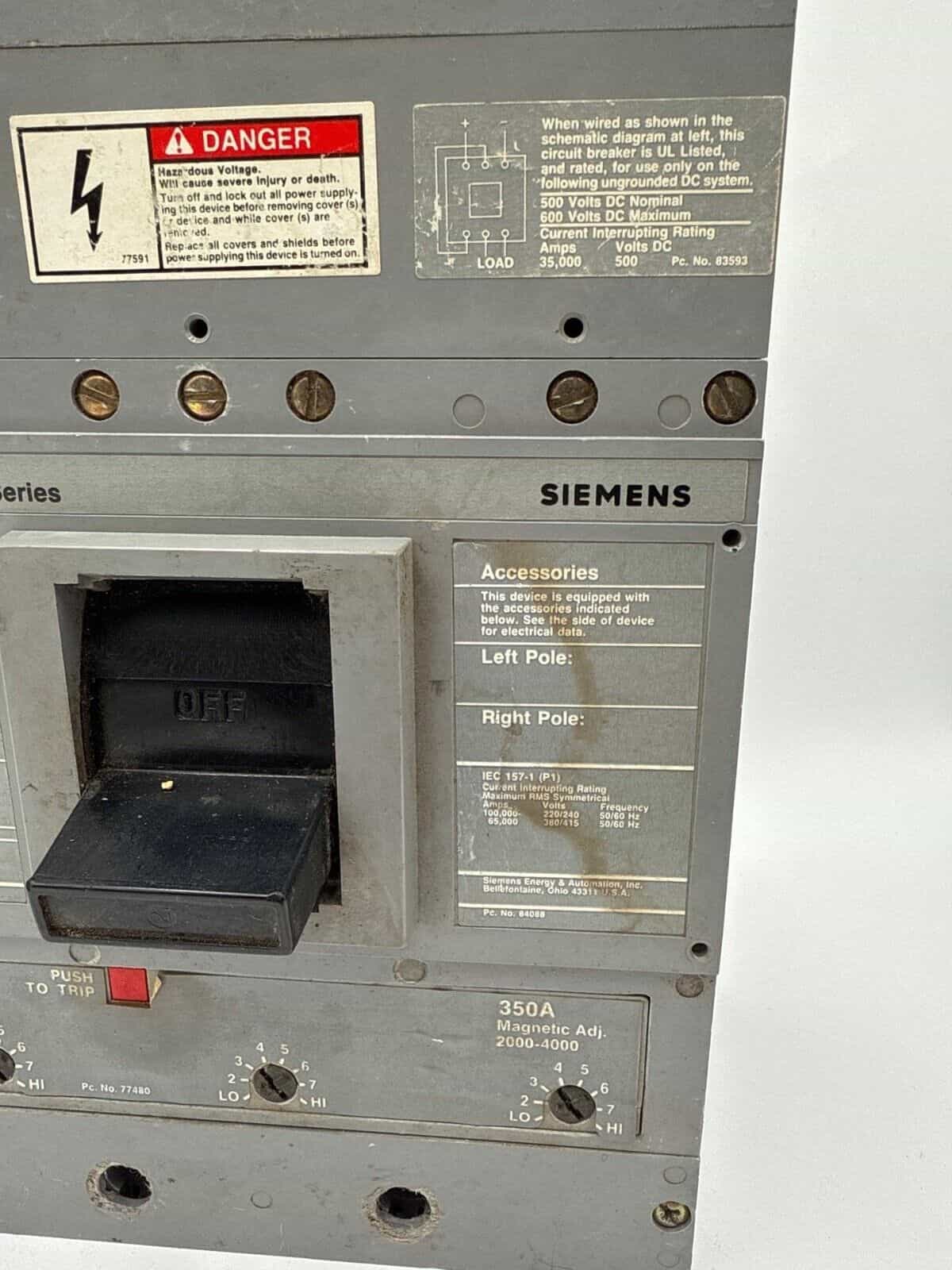 350 Amps, Siemens #HJD63B350, Circuit Breaker, 3-Pole, 600 Volts - Image 3