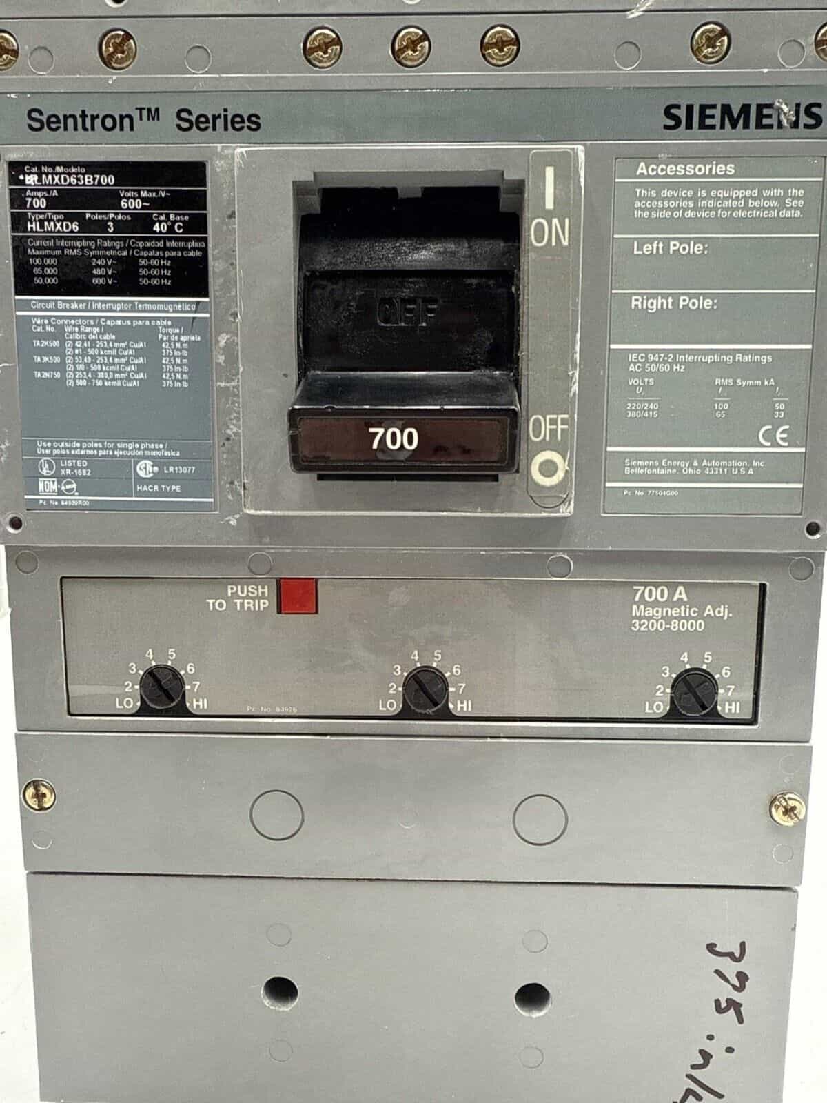 700 Amps, Siemens #HLMXD63B700, Circuit Breaker, 3-Pole, 600 Volts - Image 4