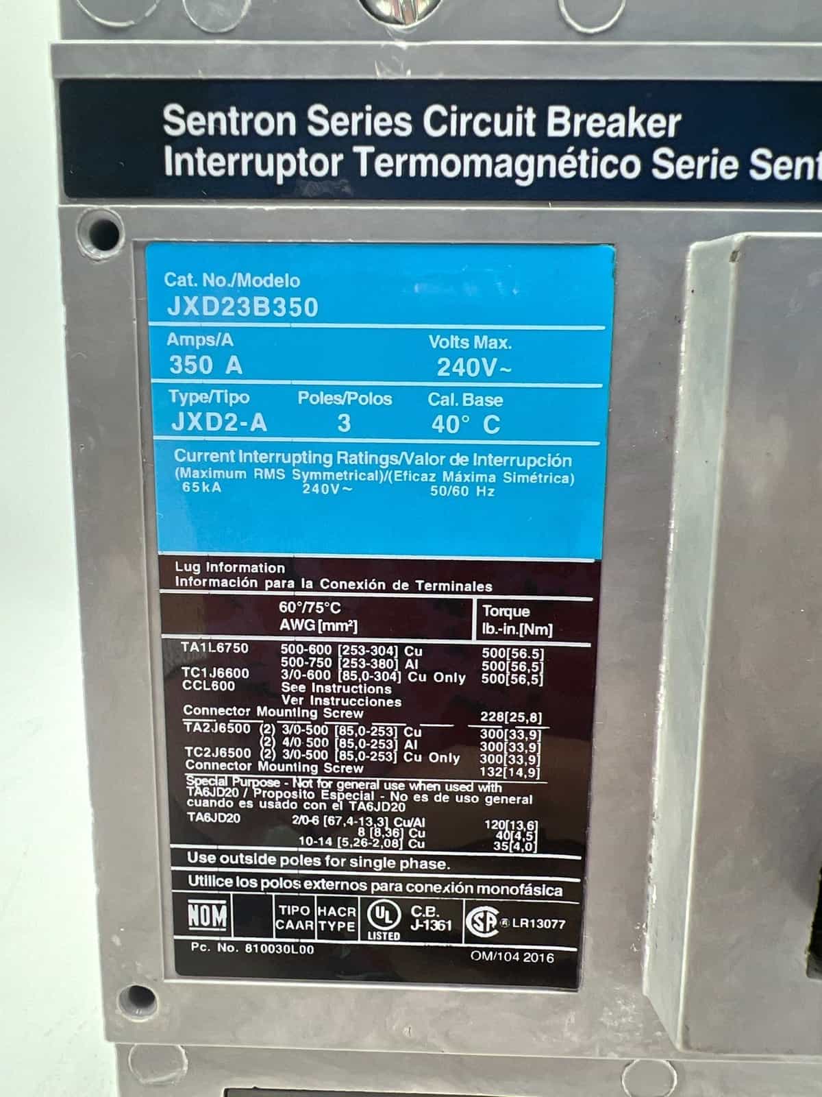 300 Amps, Siemens #JXD23B350, Circuit Breaker, 3-Pole, 240 Volts - Image 2