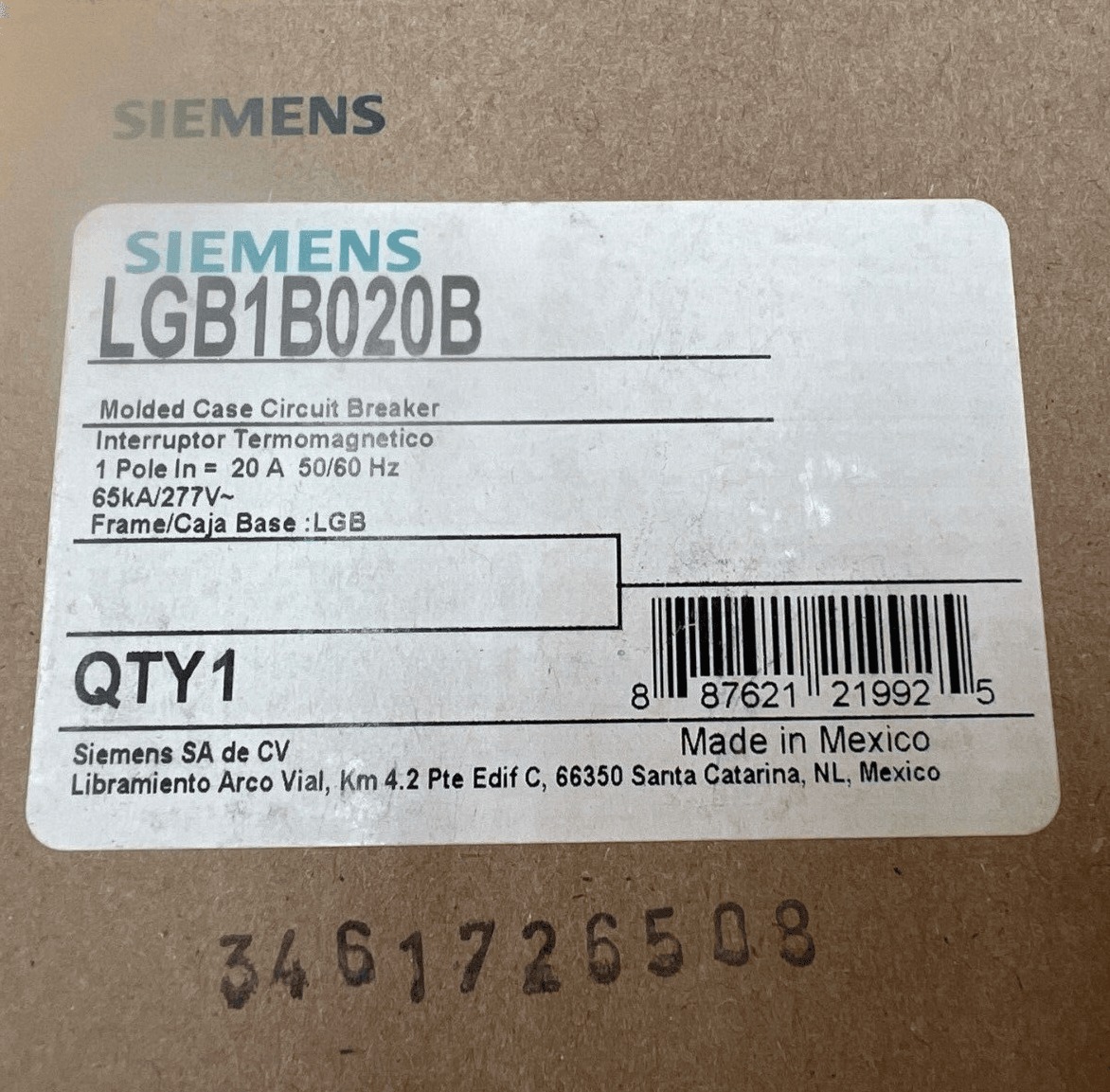 20 Amps, Siemens #LGB1B020B, Circuit Breaker, 1-Pole, 277 Volts, Bolt-On, NEW - Image 2