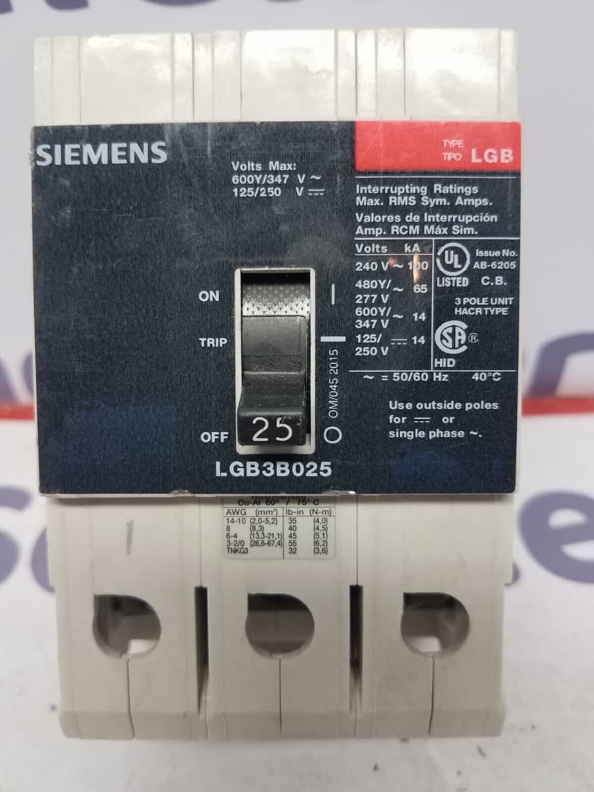 25 Amps, Siemens #LGB3B025, Circuit Breaker, 3-Pole, 600 Volts, Bolt-On - Image 3