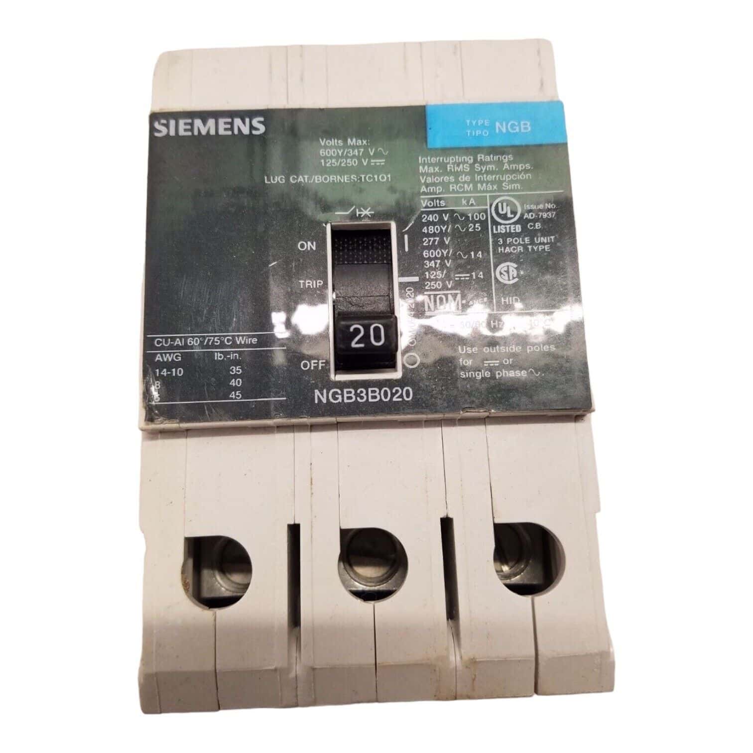 20 Amps, Siemens #NGB3B020, Circuit Breaker, 3-Pole, 600 Volts, Bolt-On - Image 1