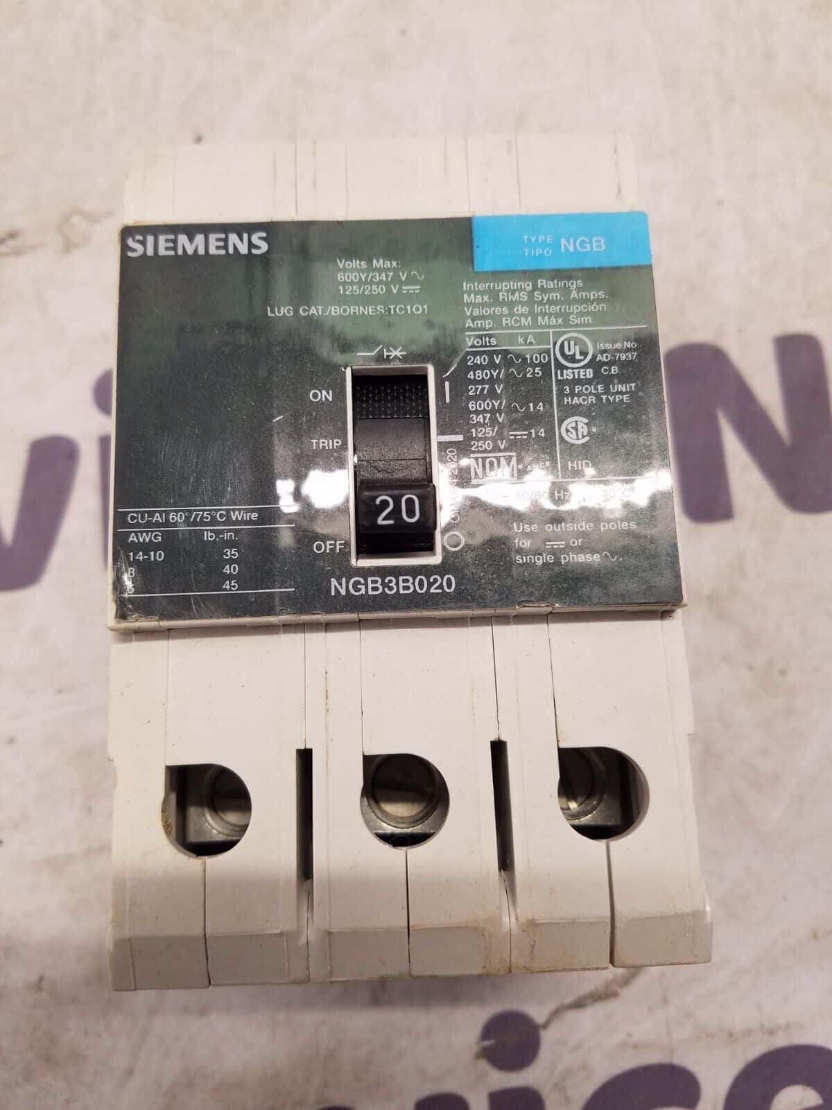 20 Amps, Siemens #NGB3B020, Circuit Breaker, 3-Pole, 600 Volts, Bolt-On - Image 2