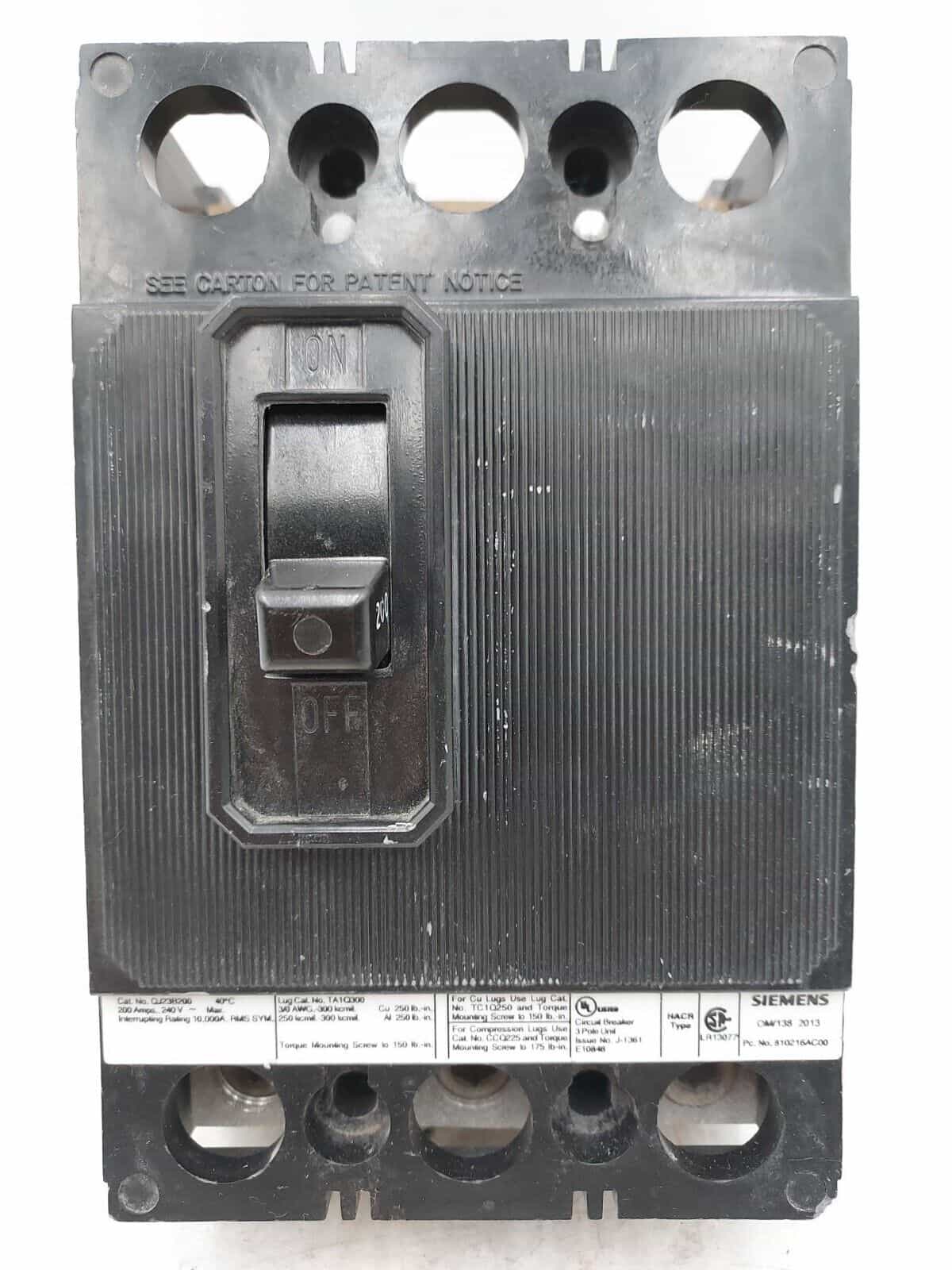 200 Amps, Siemens #QJ23B200, Circuit Breaker, 3-Pole, 240 Volts, Bolt-On - Image 1