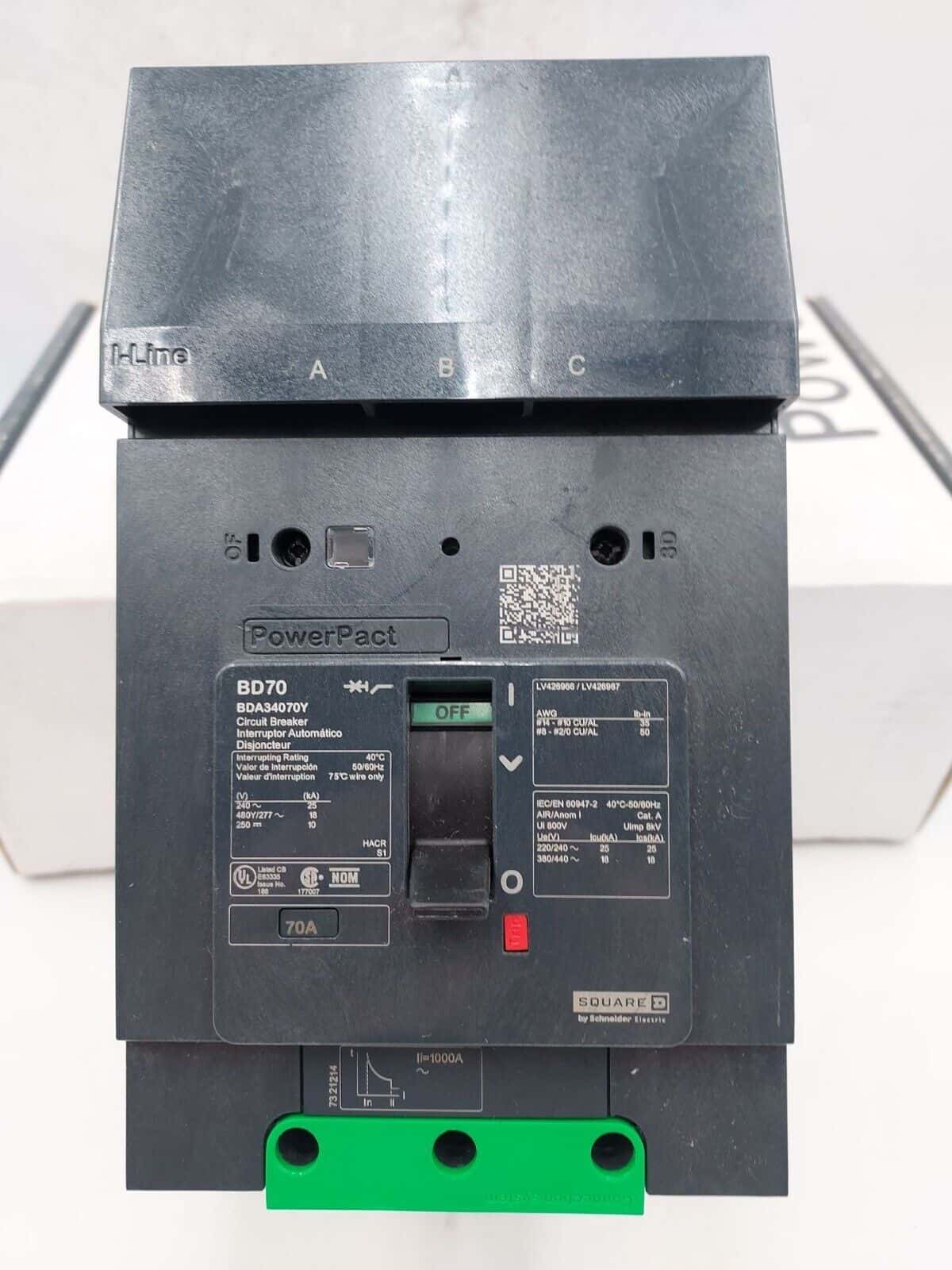 70 Amps, Square D #BDA34070Y, I-Line Circuit Breaker, 3-Pole, 480 Volts - Image 1