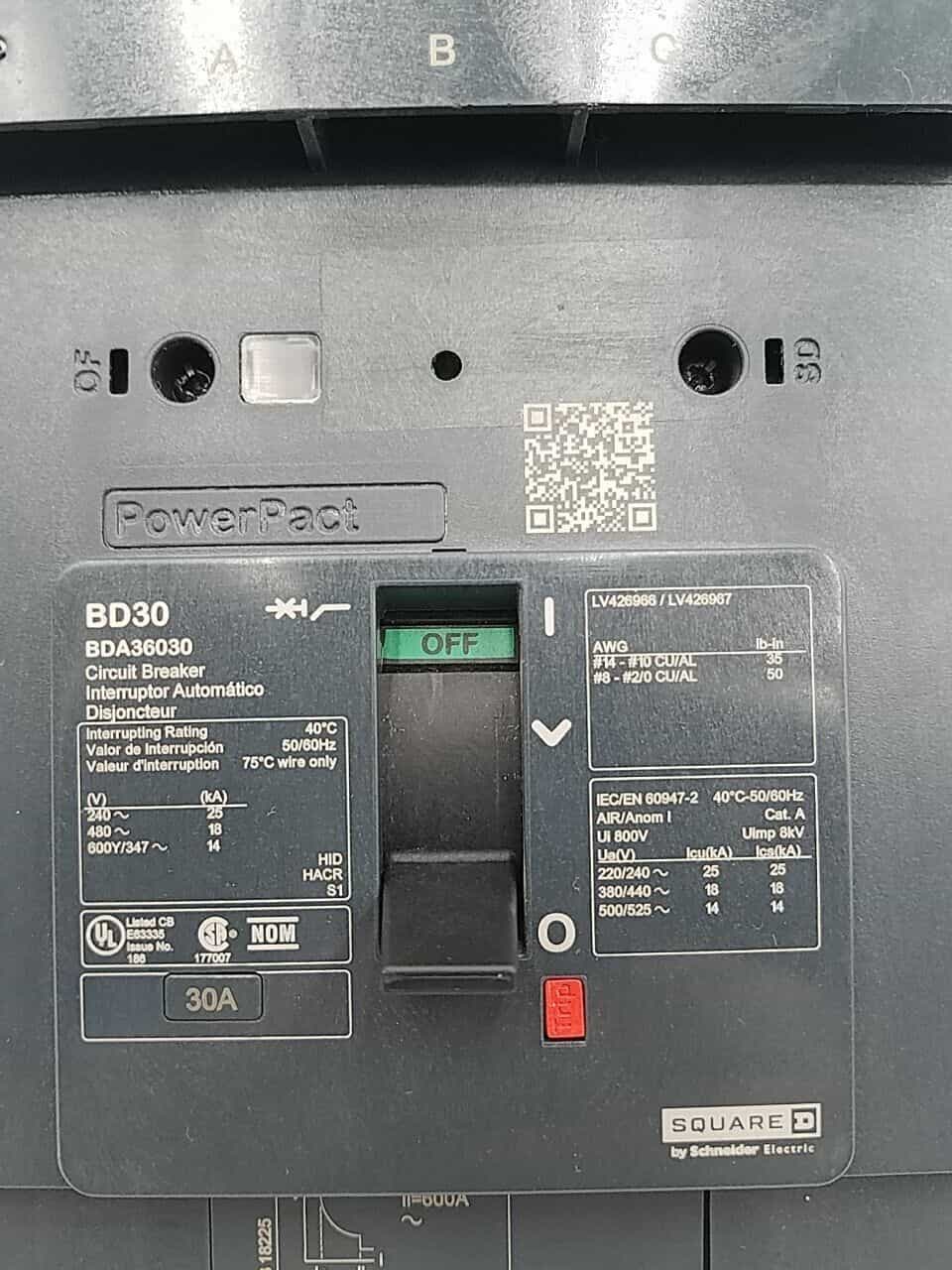 30 Amps, Square D #BDA36030, I-Line Circuit Breaker, 3-Pole, 600 Volts - Image 2