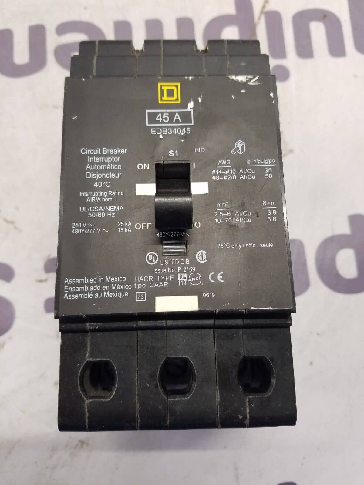 45 Amps, Square D #EDB34045, Circuit Breaker, 3-Pole, 480/277 Volts, Bolt-On - Image 2