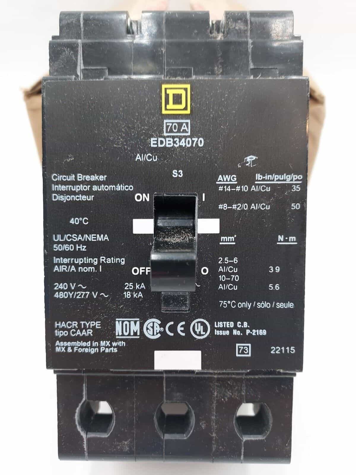 70 Amps, Square D #EDB34070, Circuit Breaker, 3-Pole, 480/277 Volts, Bolt-On, NEW - Image 1