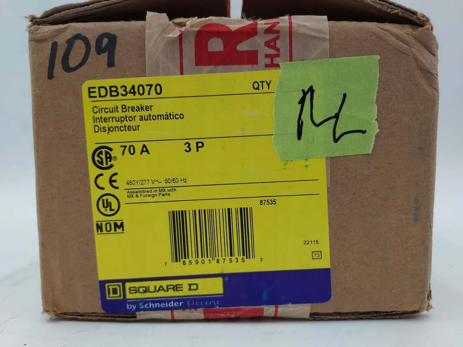 70 Amps, Square D #EDB34070, Circuit Breaker, 3-Pole, 480/277 Volts, Bolt-On, NEW - Image 2