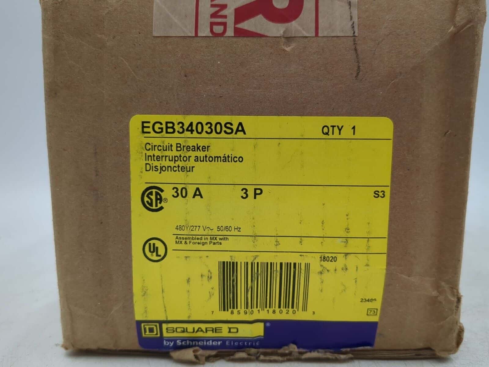 30 Amps, Square D #EGB34030SA, Circuit Breaker, 3-Pole, 480 Volts, Shunt Trip, Bolt-On, NEW - Image 3
