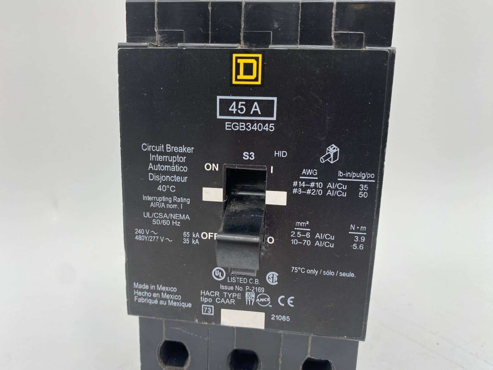 45 Amps, Square D #EGB34045, Circuit Breaker, 3-Pole, 480/277 Volts, Bolt-On - Image 2