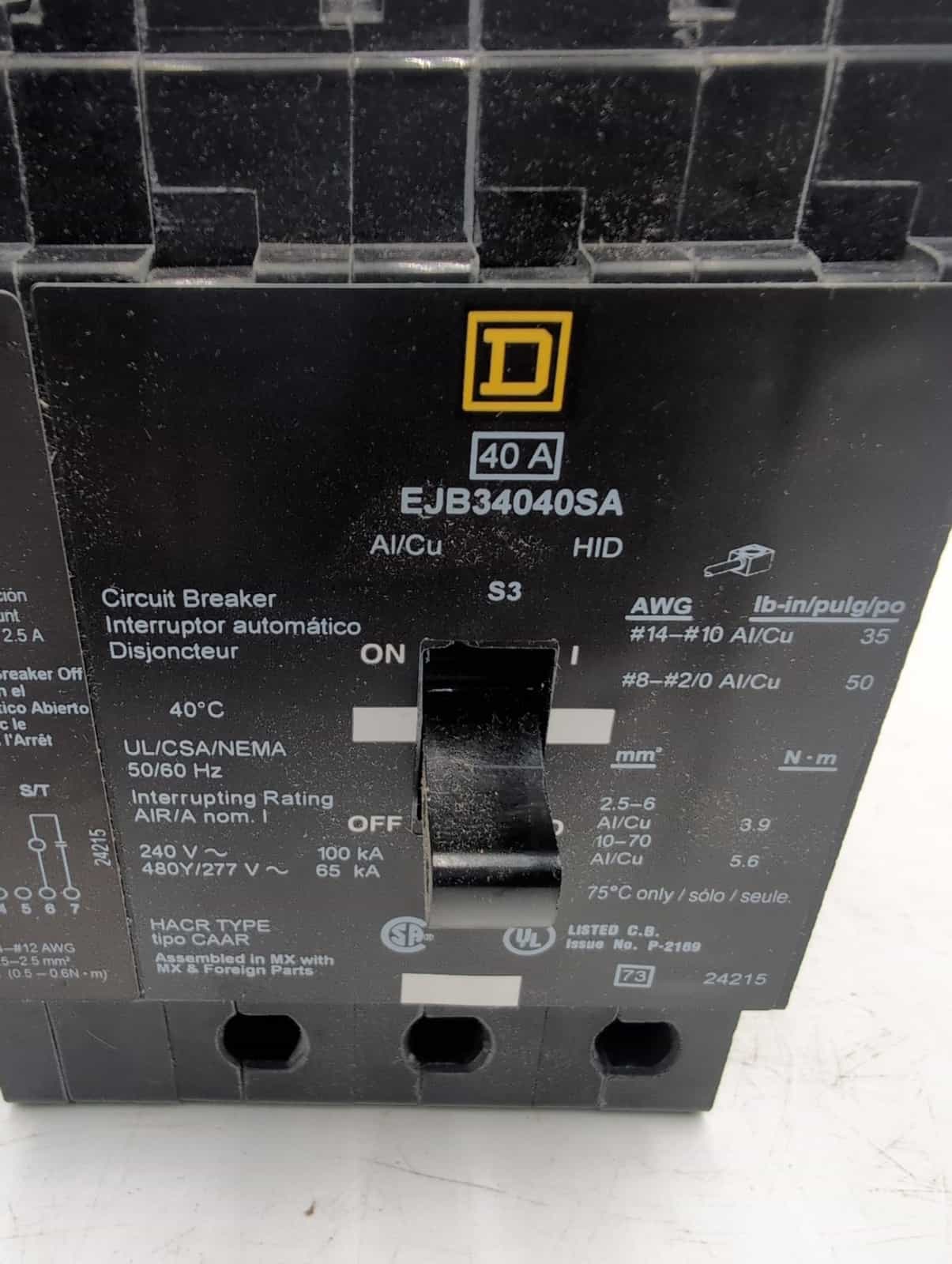 40 Amps, Square D #EJB34040SA, I-Line Circuit Breaker, 3-Pole, 240 Volts, NEW - Image 3