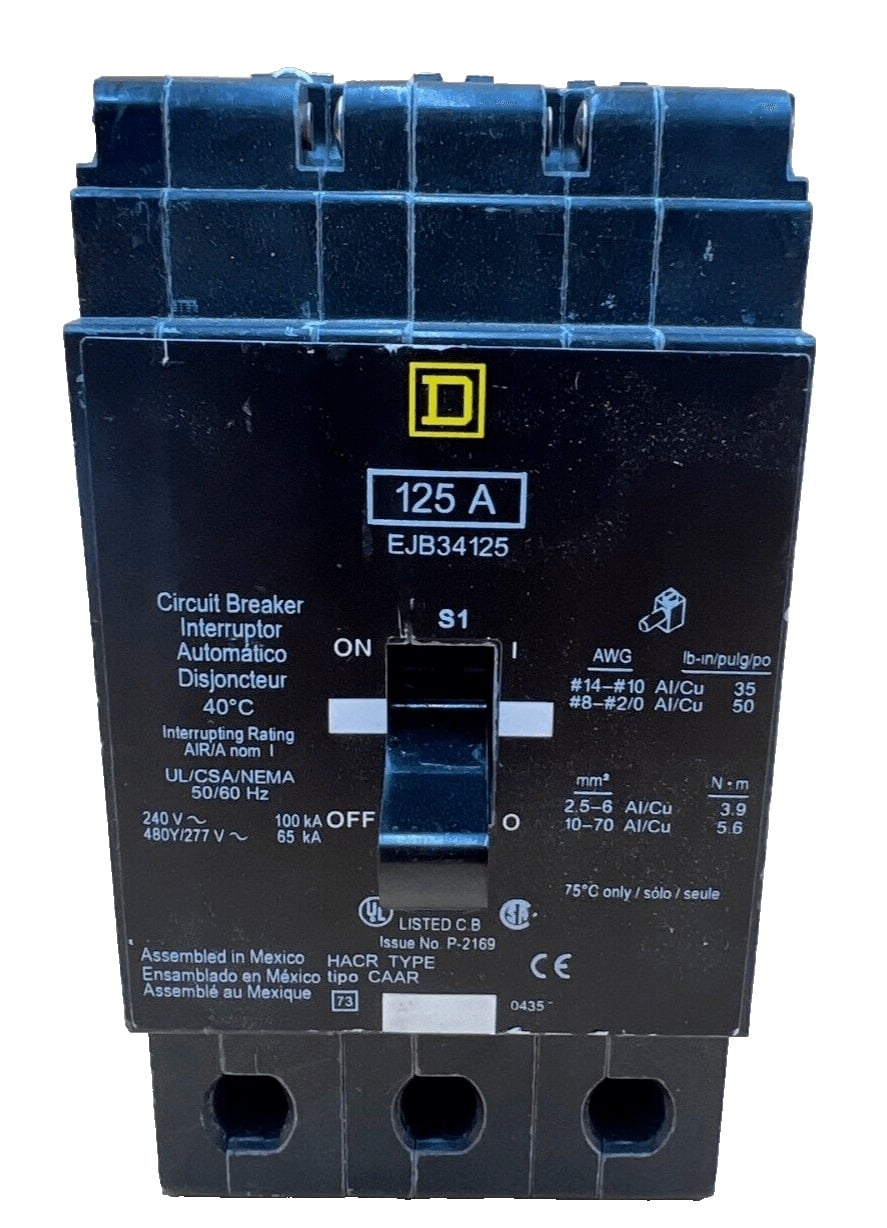 125 Amps, Square D #EJB34125, Circuit Breaker, 3-Pole, 480 Volts, Bolt-On - Image 1