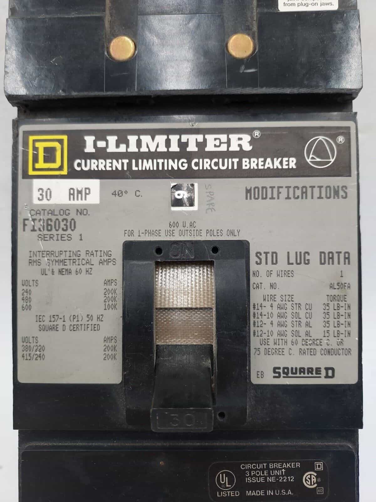 30 Amps, Square D #FI36030, I-Line Circuit Breaker, 3-Pole, 600 Volts - Image 2