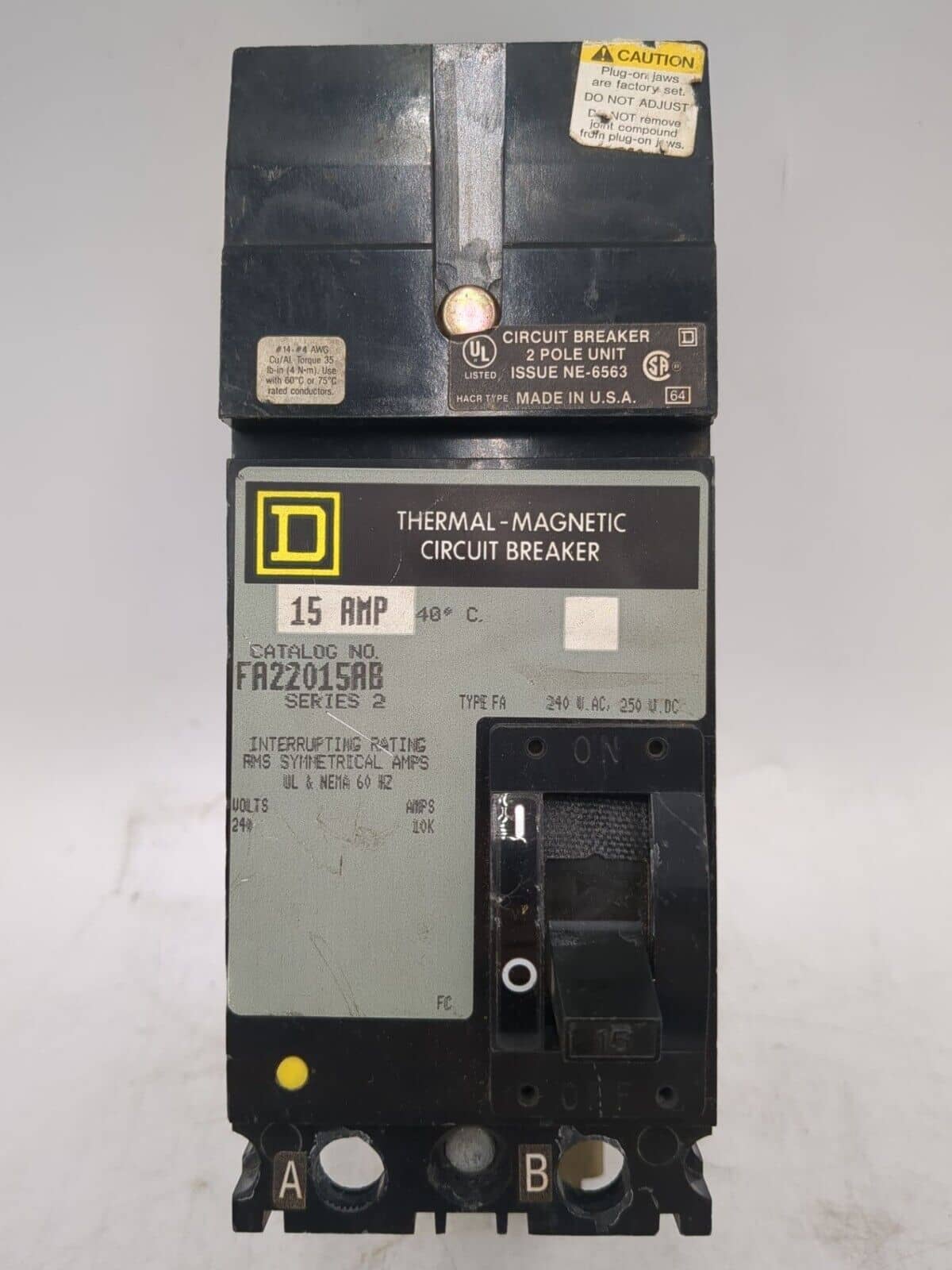15 Amps, Square D #FA, Circuit Breaker, 2-Pole, 240 Volts - Image 1