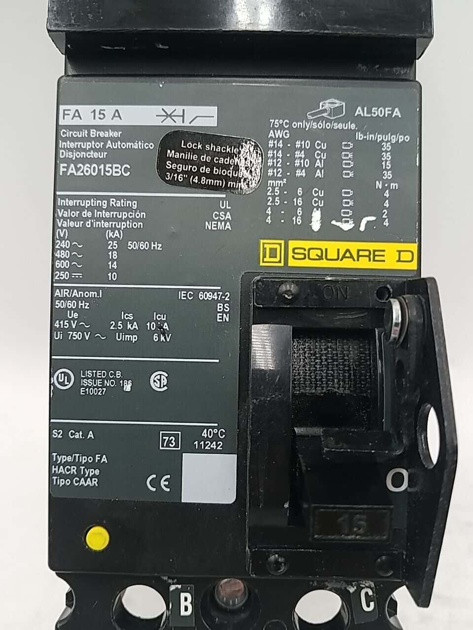 15 Amps, Square D #FA26015BC, I-Line Circuit Breaker, 2-Pole, 600 Volts - Image 2