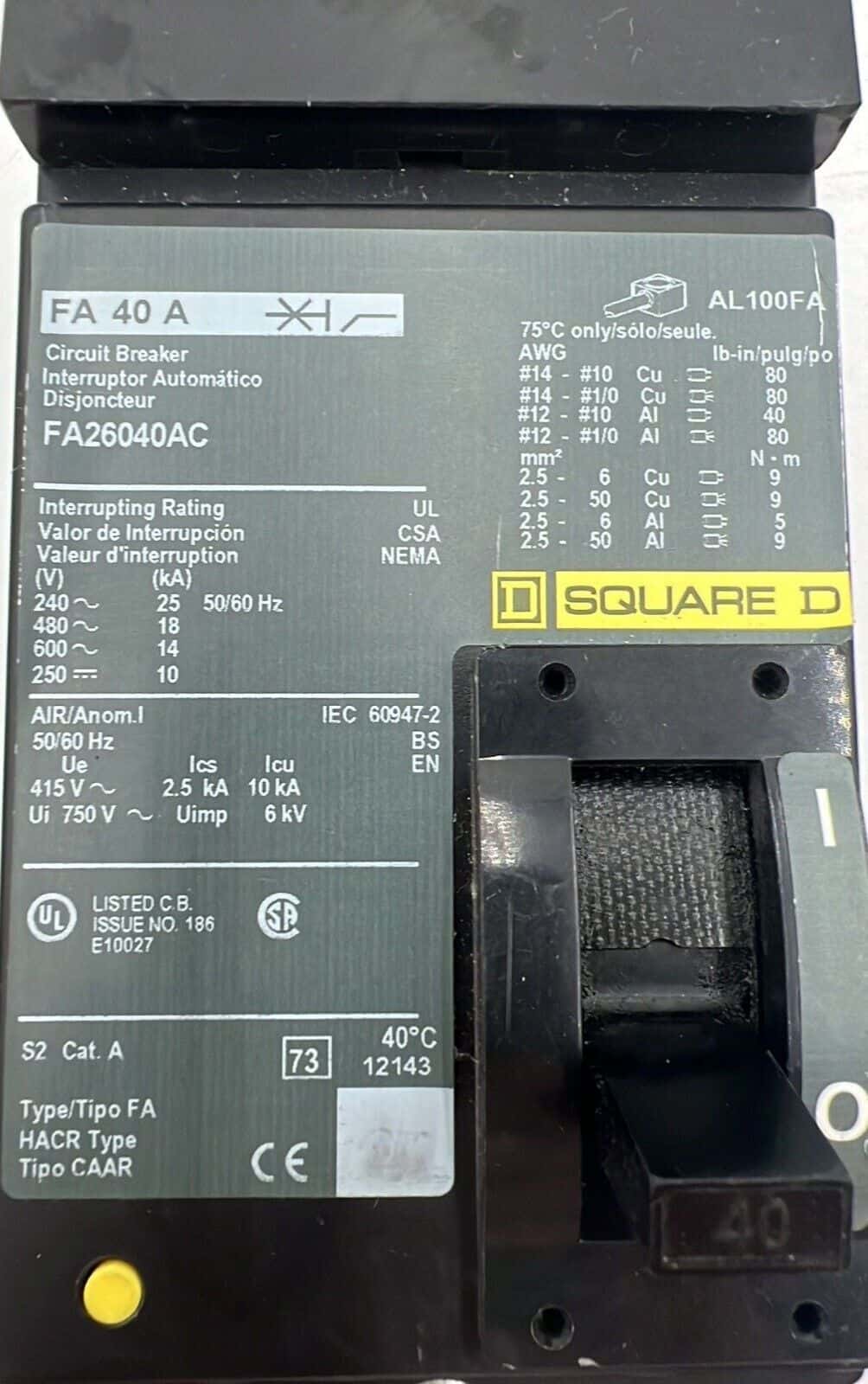40 Amps, Square D #FA26040AC, I-Line Circuit Breaker, 2-Pole, 600 Volts - Image 2