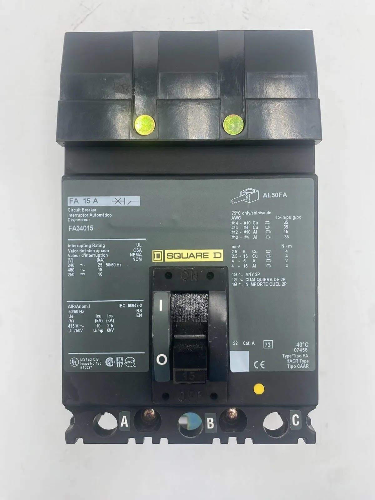 15 Amps, Square D #FA34015, I-Line Circuit Breaker, 3-Pole, 480 Volts (2 available) - Image 1