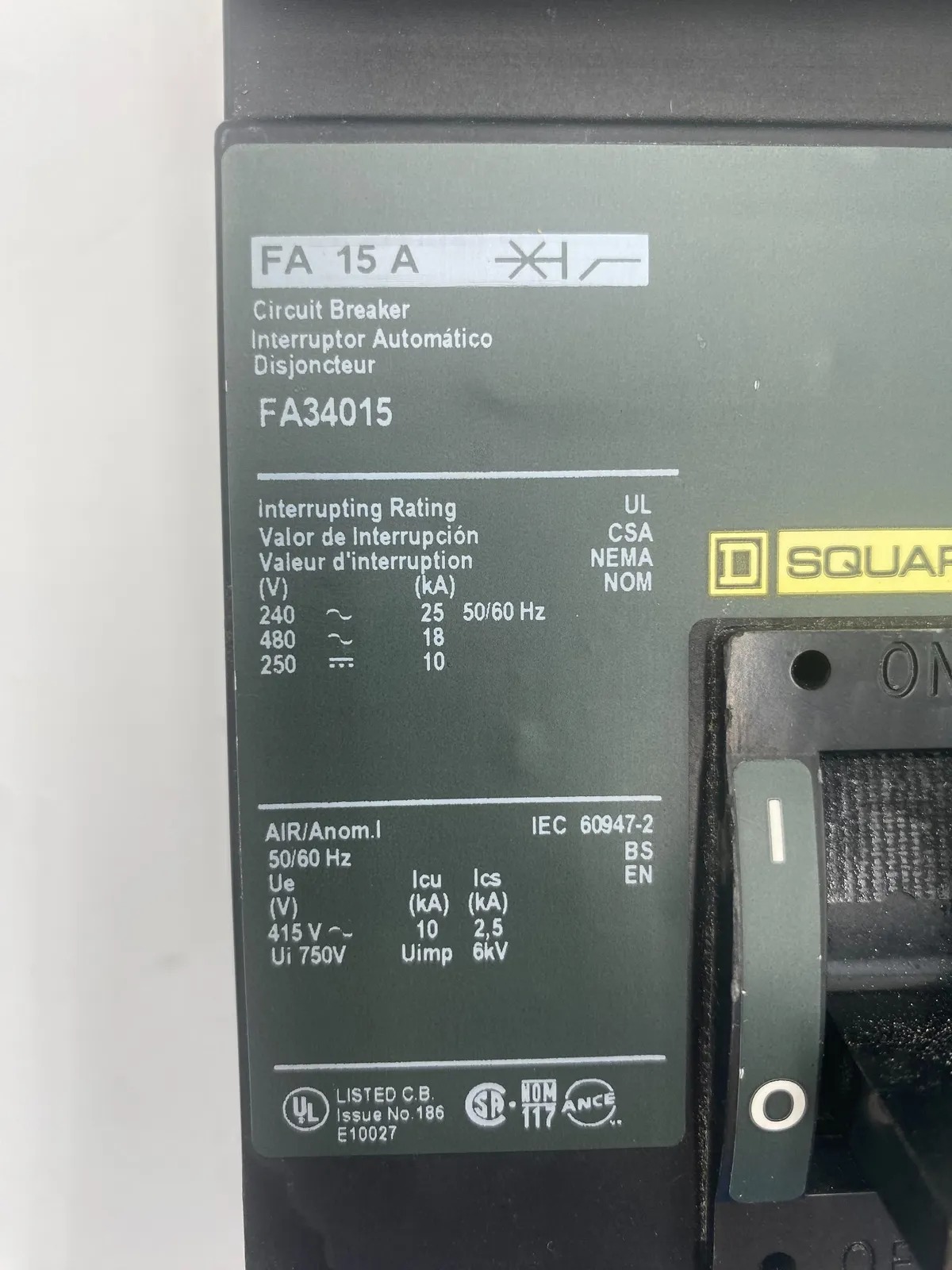 15 Amps, Square D #FA34015, I-Line Circuit Breaker, 3-Pole, 480 Volts (2 available) - Image 2