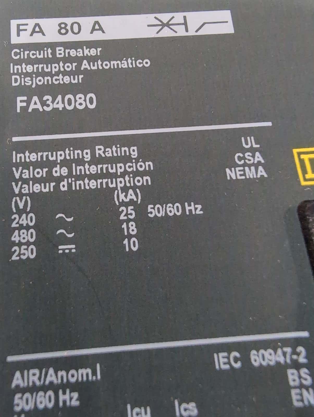 80 Amps, Square D #FA34080, I-Line Circuit Breaker, 3-Pole, 480 Volts - Image 3