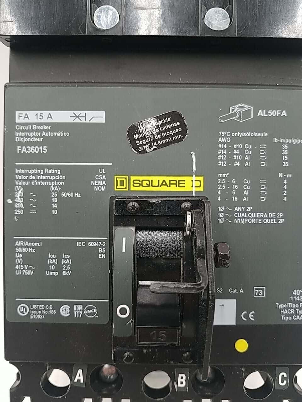 15 Amps, Square D #FA36015, I-Line Circuit Breaker, 3-Pole, 600 Volts (2 available) - Image 2