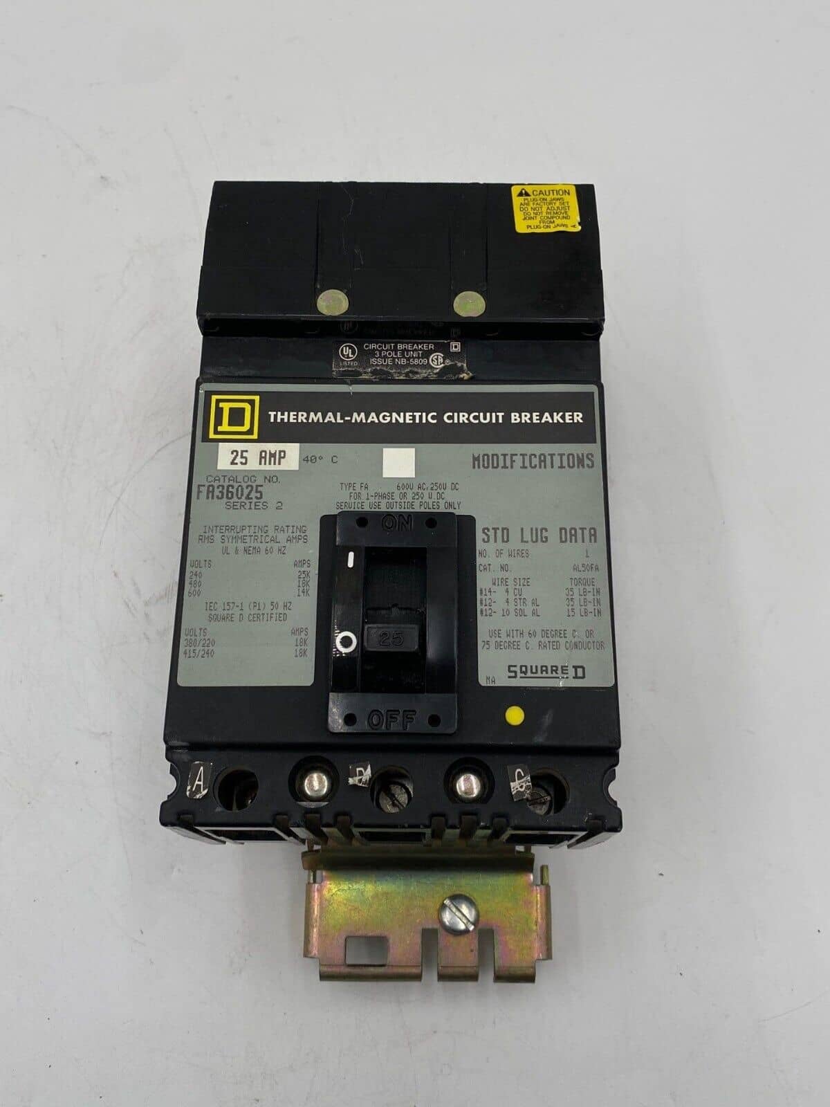 25 Amps, Square D #FA36025, I-Line Circuit Breaker, 3-Pole, 600 Volts - Image 2