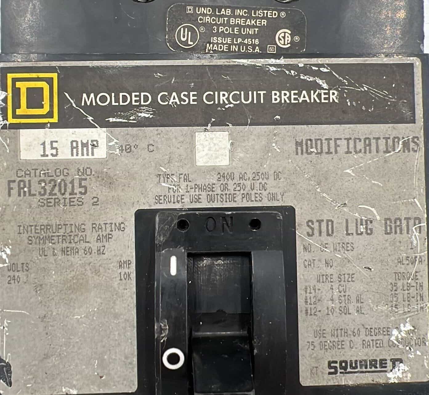 15 Amps, Square D #FAL32015, Circuit Breaker, 3-Pole, 240 Volts, Bolt-On - Image 2