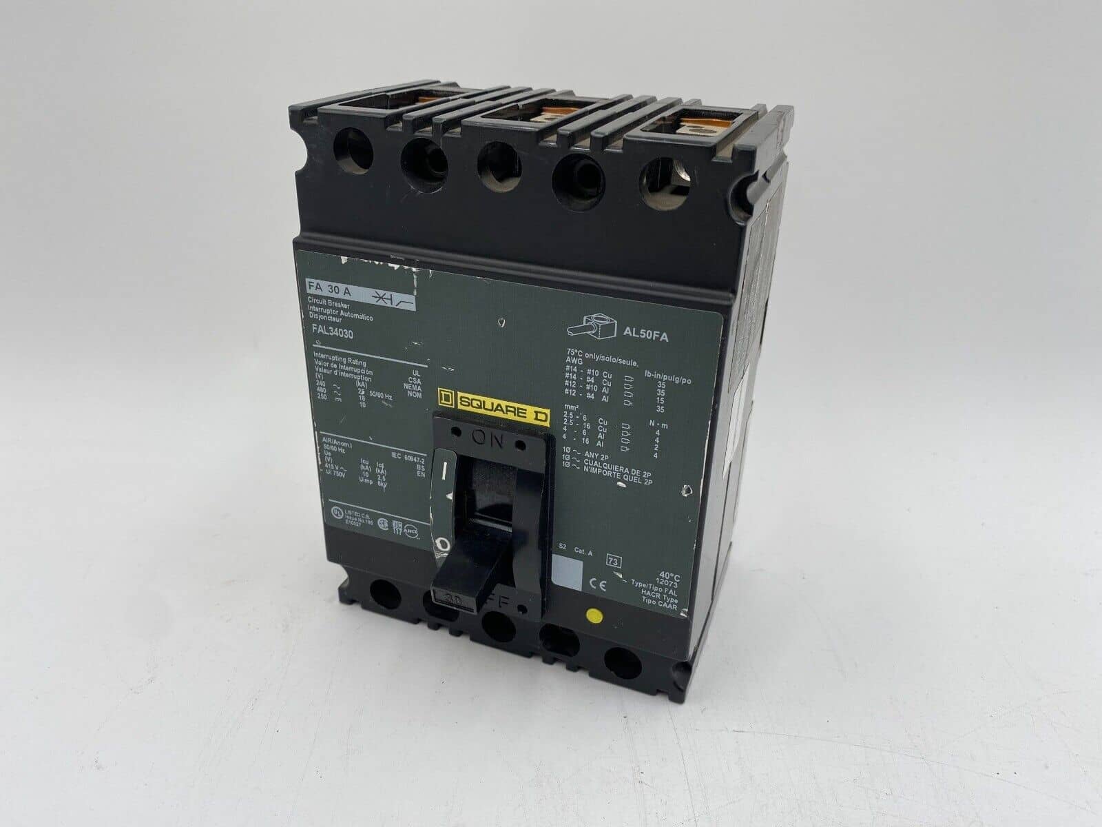 30 Amps, Square D #FAL34030, Circuit Breaker, 3-Pole, 480 Volts, Bolt-On - Image 1
