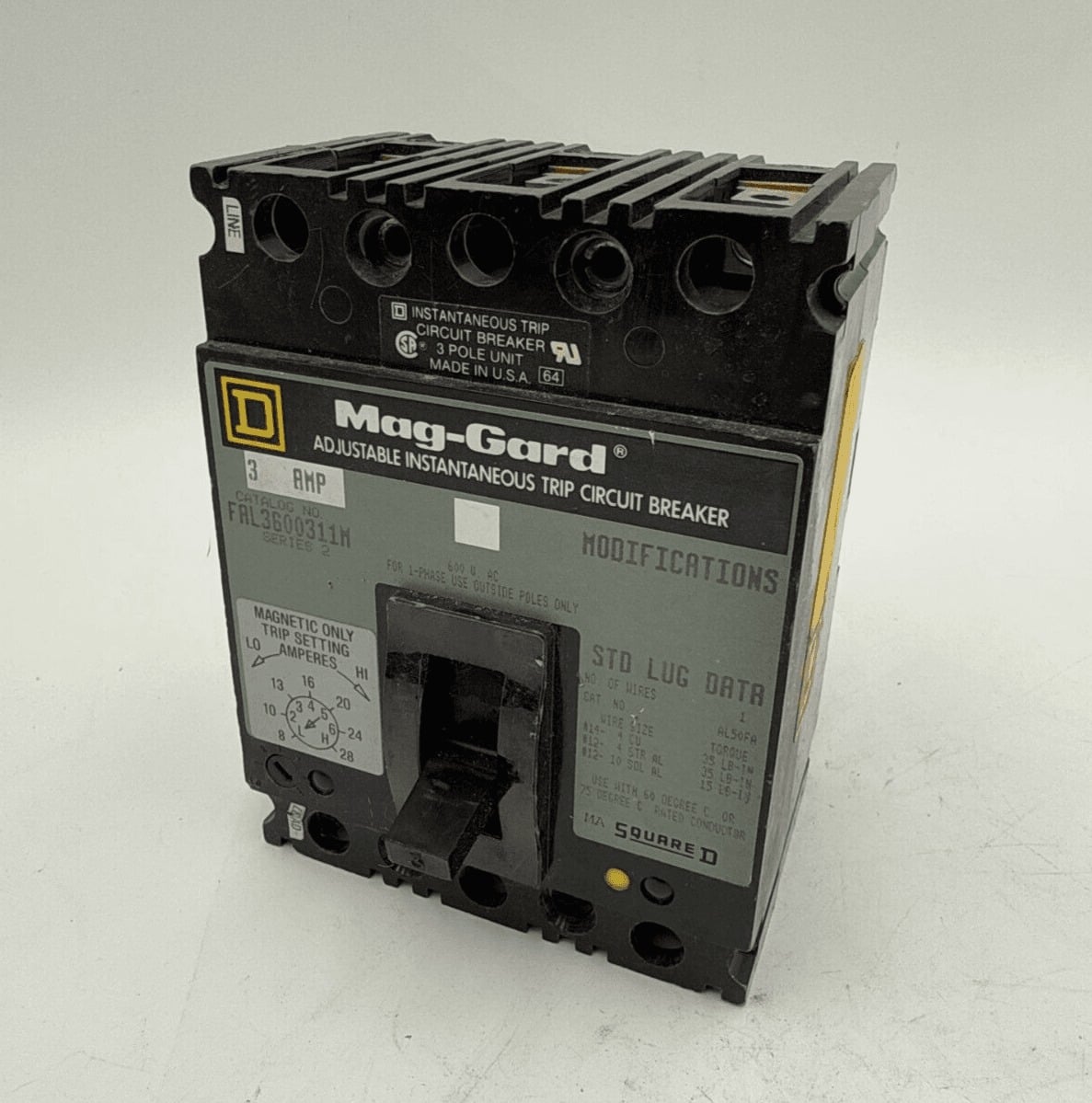 3 Amps, Square D #FAL3600311M, Circuit Breaker, 3-Pole, 600 Volts - Image 1