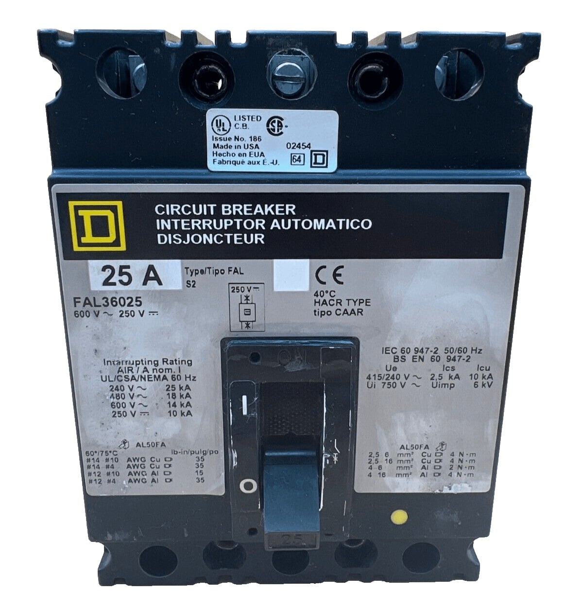 25 Amps, Square D #FAL36025, Circuit Breaker, 3-Pole, 600 Volts, Bolt-On - Image 1