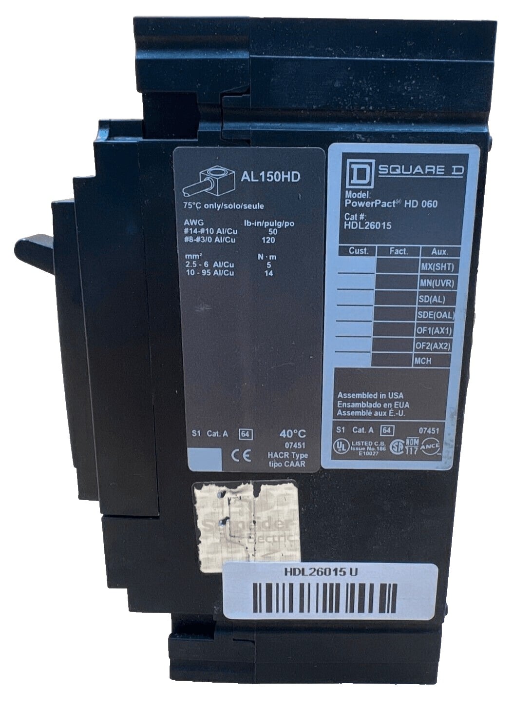 15 Amps, Square D #HDL26015, Circuit Breaker, 2-Pole, 600 Volts - Image 2