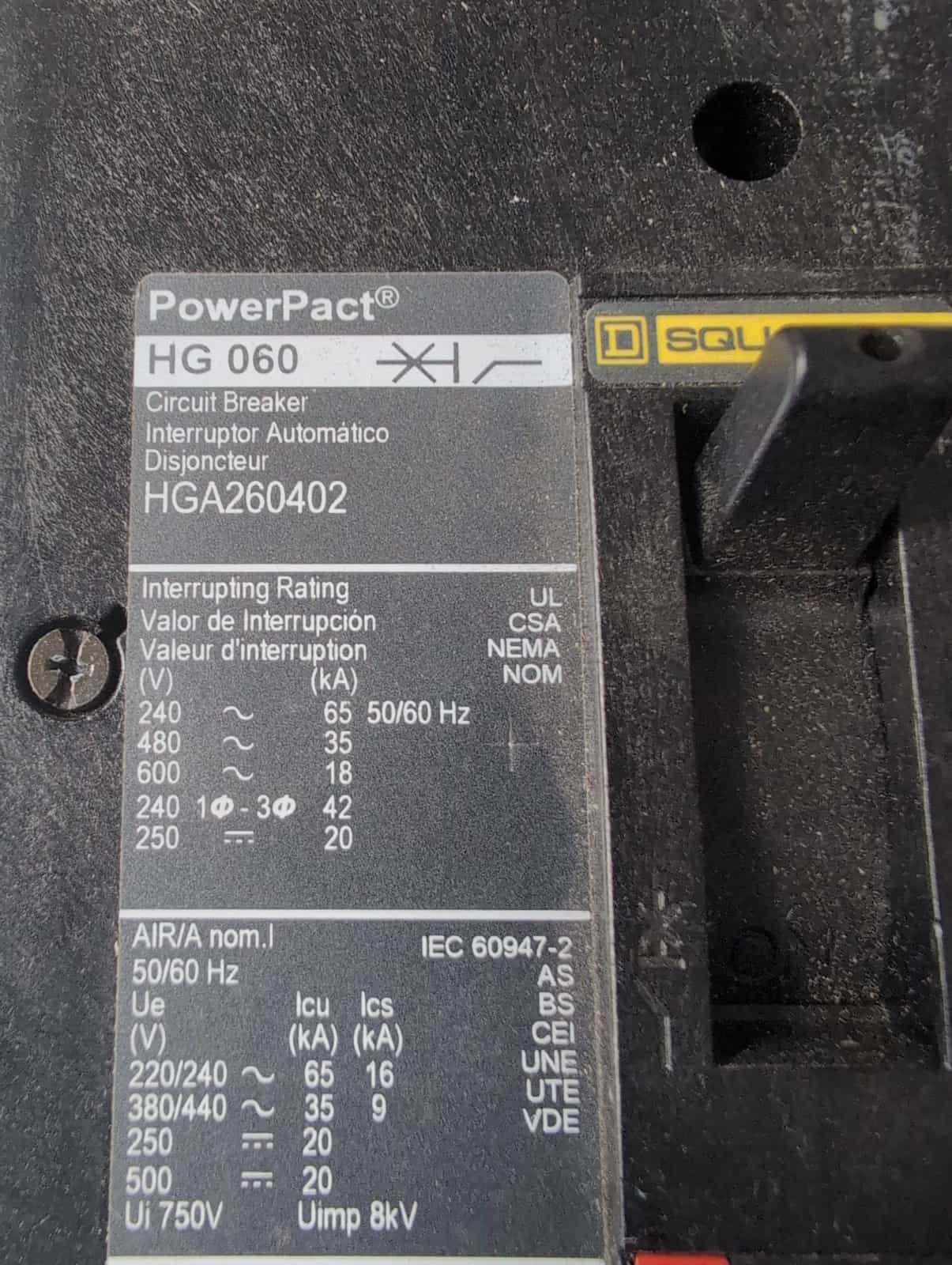 40 Amps, Square D #HGA260402, Circuit Breaker, 2-Pole, 600 Volts - Image 2