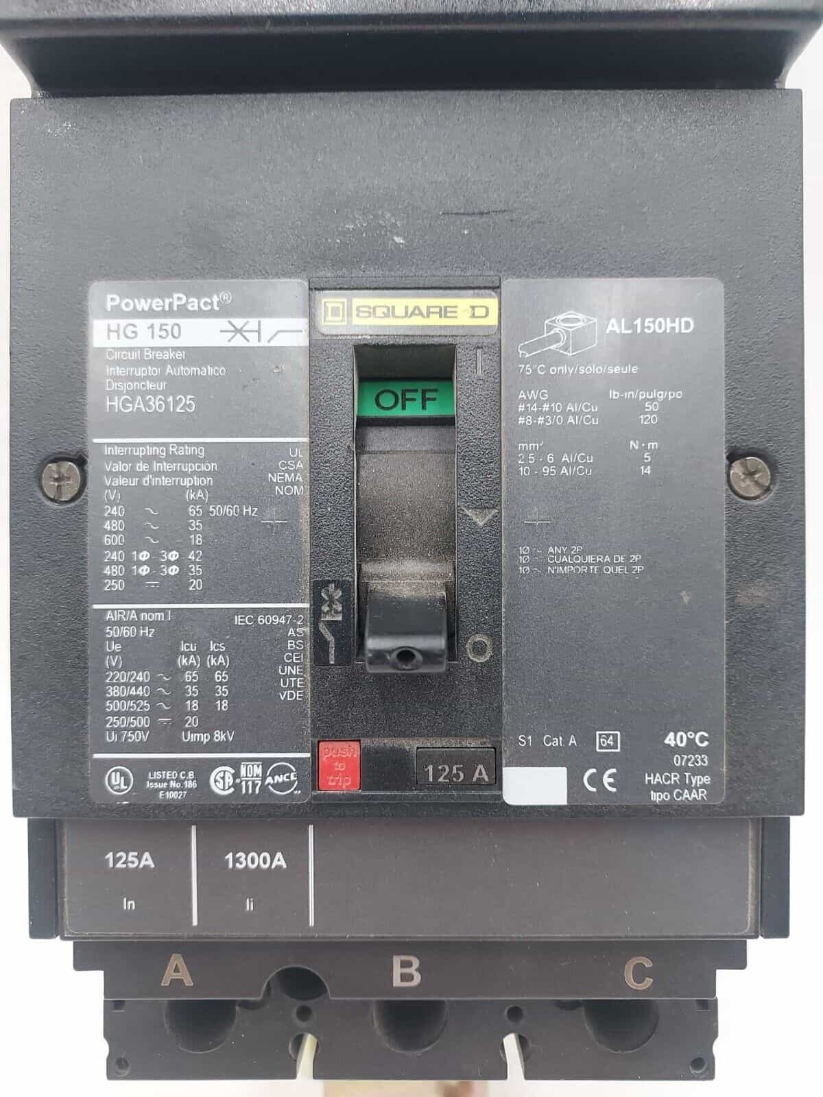 125 Amps, Square D #HGA36125, I-Line Circuit Breaker, 3-Pole, 600 Volts - Image 2