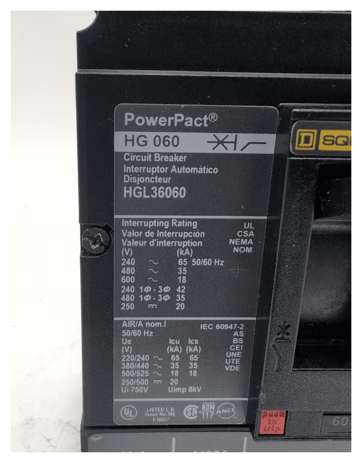 60 Amps, Square D #HGL36060, Circuit Breaker, 3-Pole, 600 Volts - Image 2