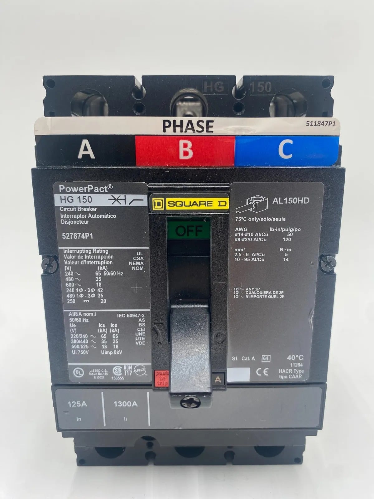 125 Amps, Square D #HGL36125, Circuit Breaker, 3-Pole, 600 Volts - Image 1