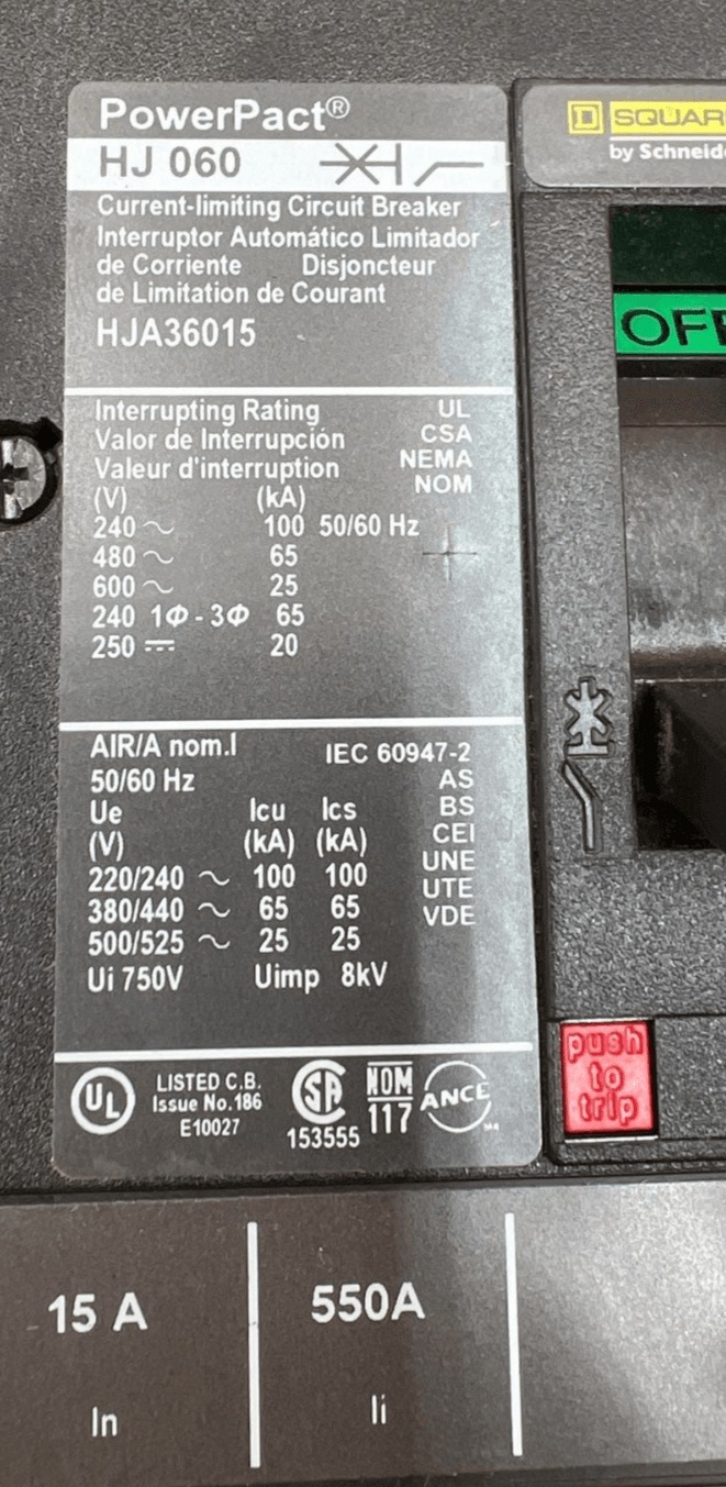 15 Amps, Square D #HJA36015, I-Line Circuit Breaker, 3-Pole, 600 Volts - Image 2