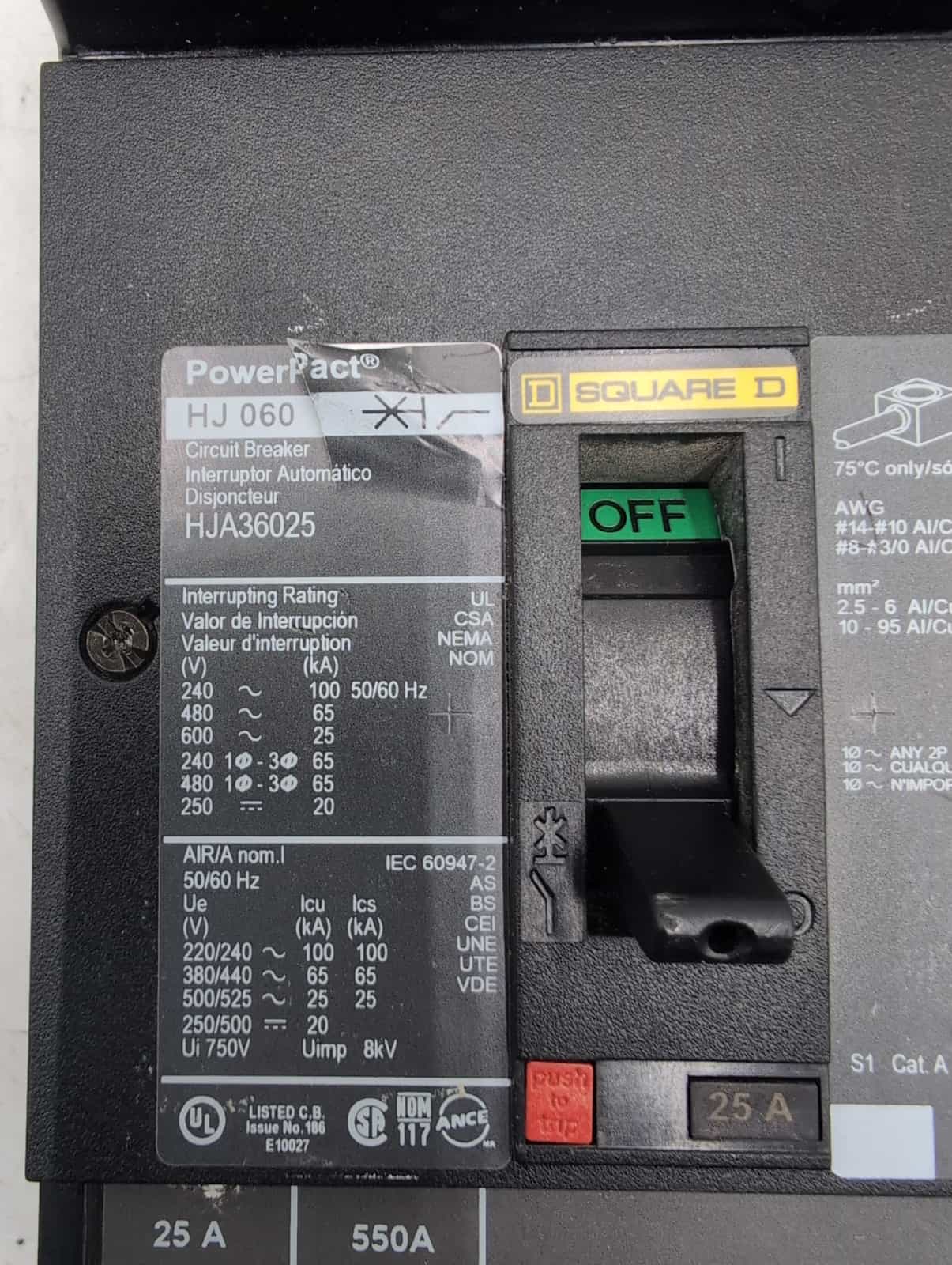 25 Amps, Square D #HJA36025, PowerPact I-Line Circuit Breaker, 3-Pole, 600 Volts - Image 9